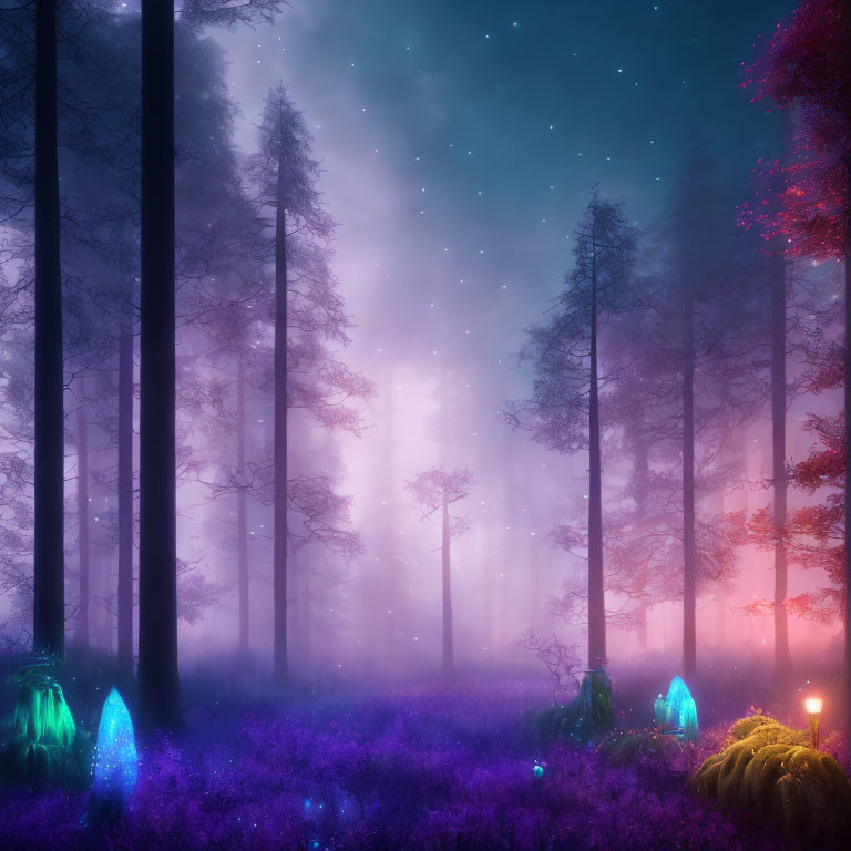 Enchanted forest with glowing crystals under starry sky