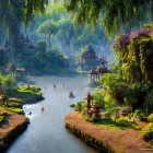 Tranquil river with greenery, flowers, temples, and swans