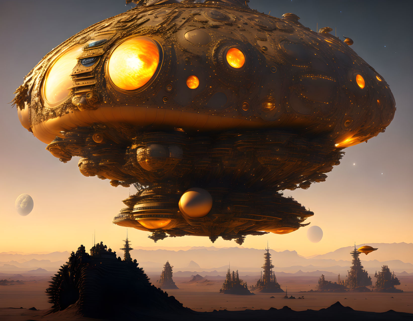 Ornate spaceship in surreal landscape with glowing lights