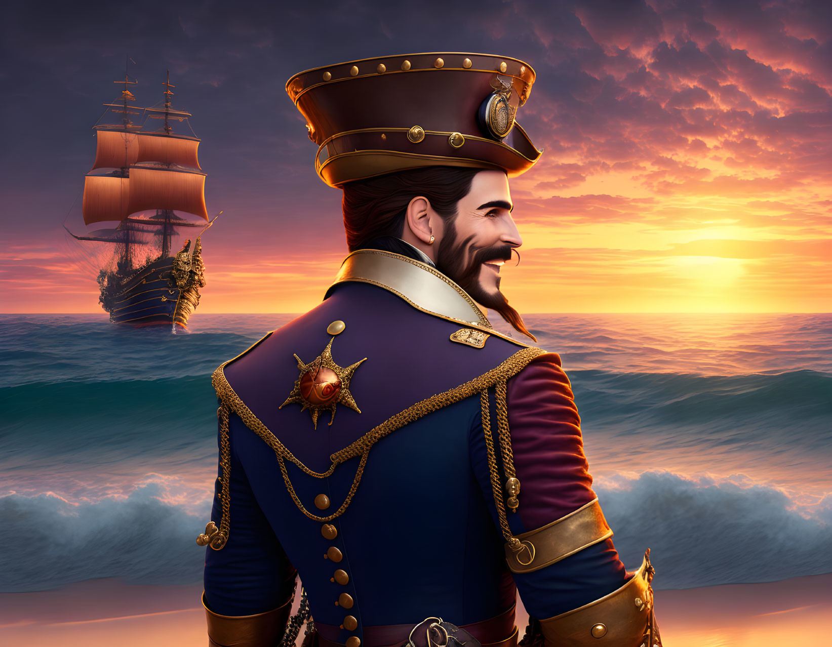 Illustration of smiling man in naval uniform on beach at sunset with old-fashioned ship