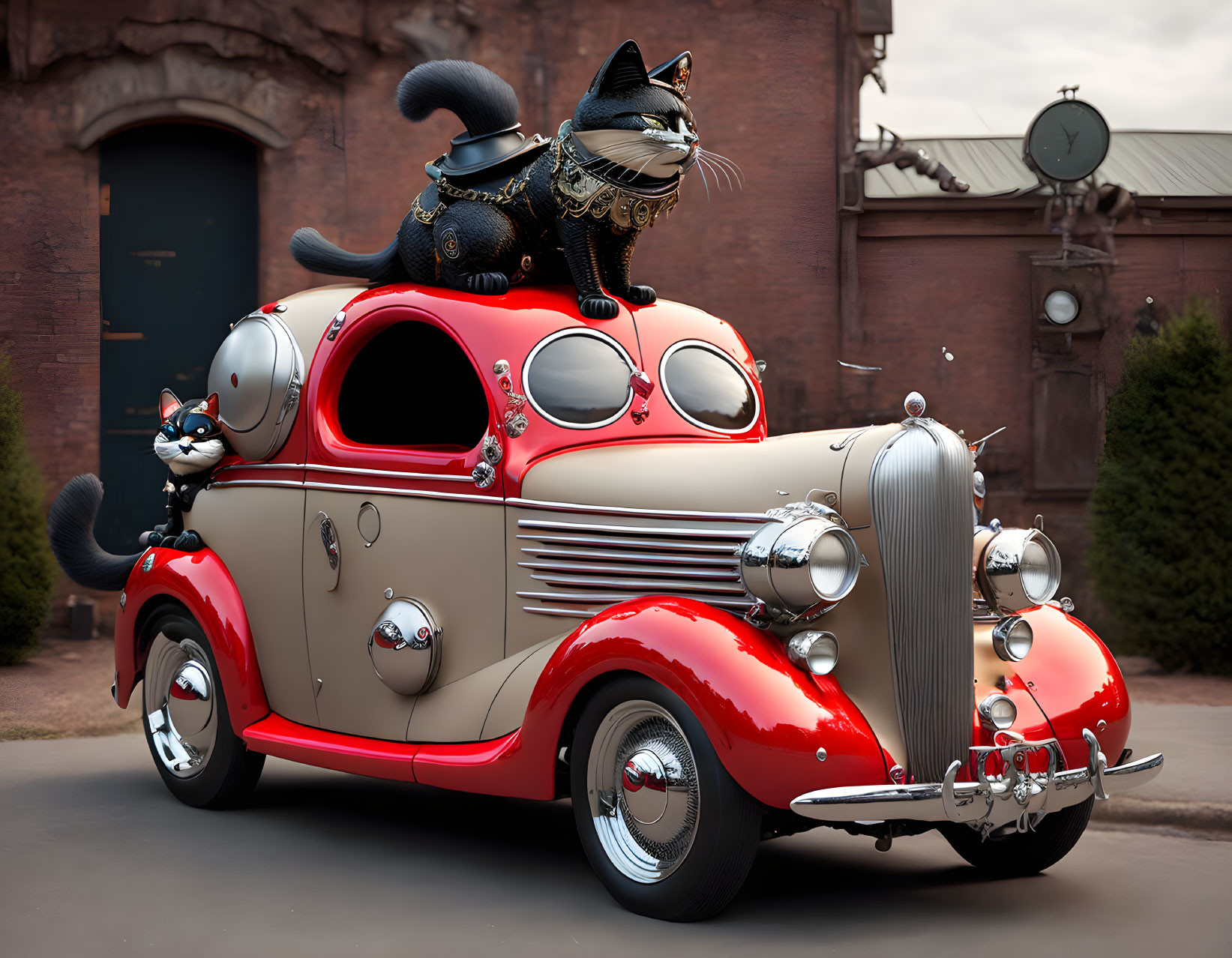 Vintage Red and Silver Car with Cartoon Cats in Goggles