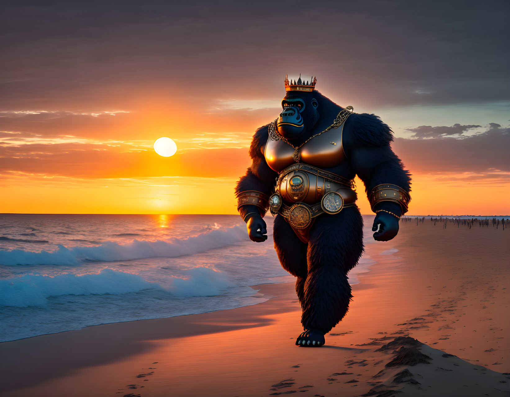 Stylized gorilla in royal attire walking on beach at sunset