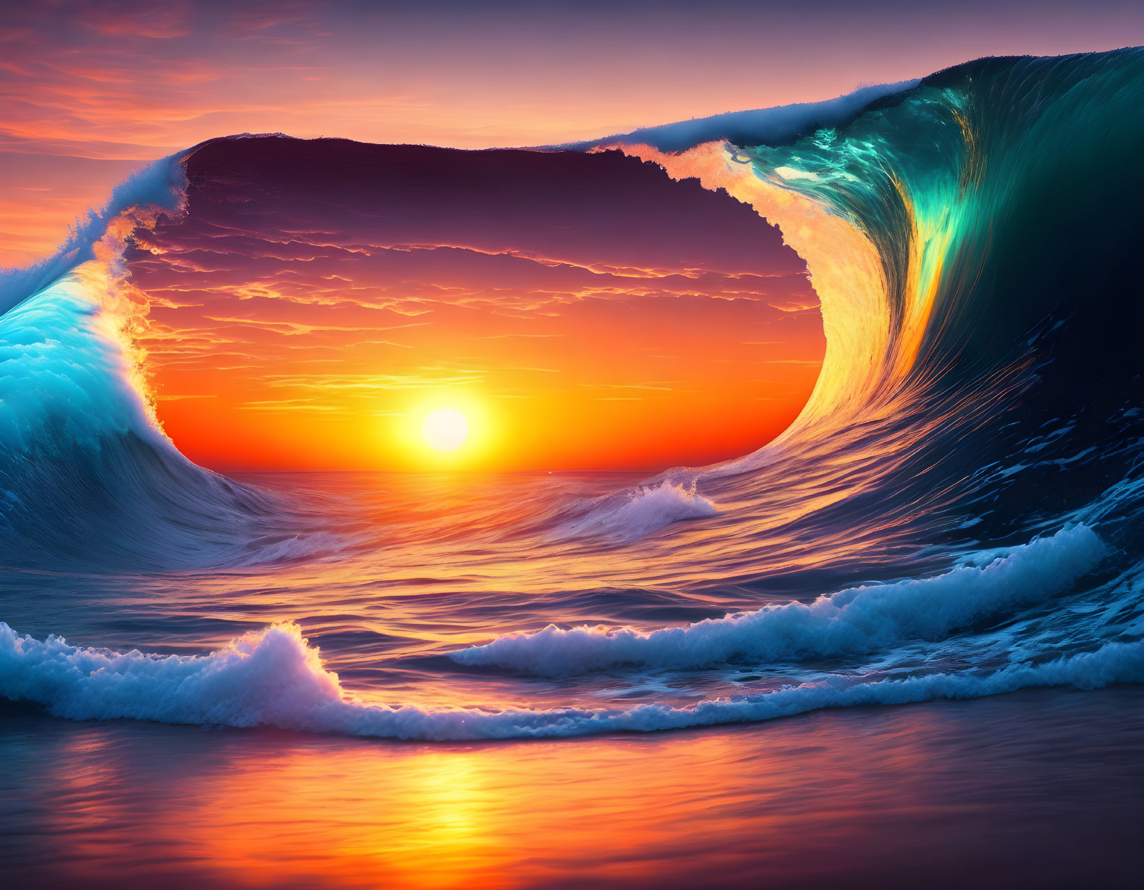 Ocean Wave Curling at Vibrant Sunset with Orange and Blue Reflections