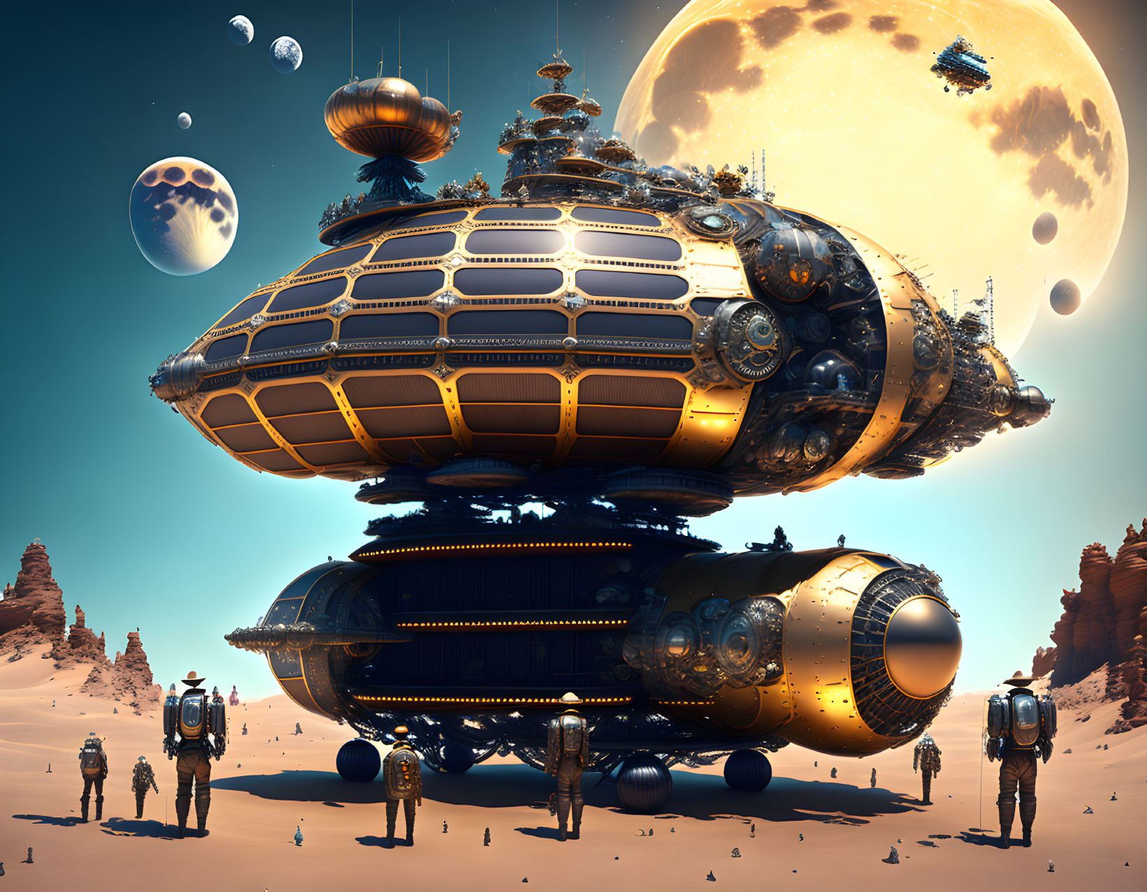 Futuristic desert landscape with astronauts and ornate spaceship