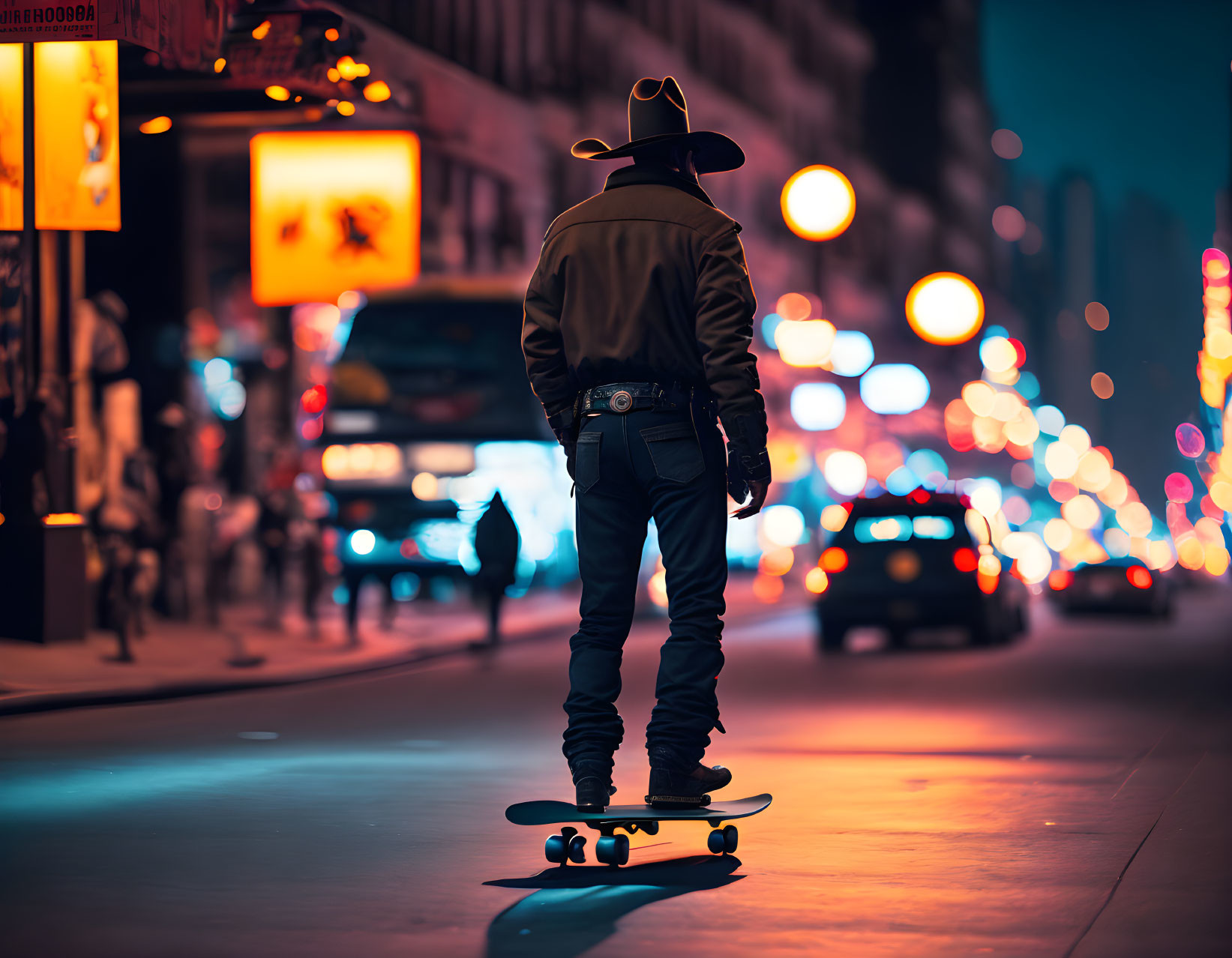 Cowboy hat person skateboarding in city night scene with vibrant lights.