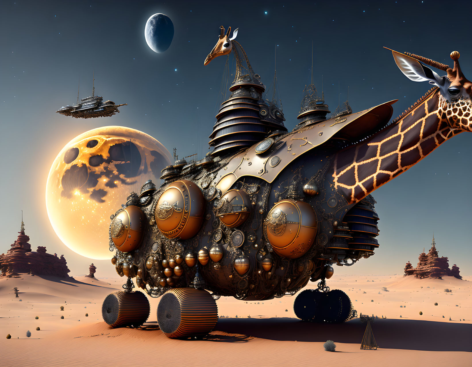 Surreal steampunk submarine with giraffe features in desert landscape with celestial sky