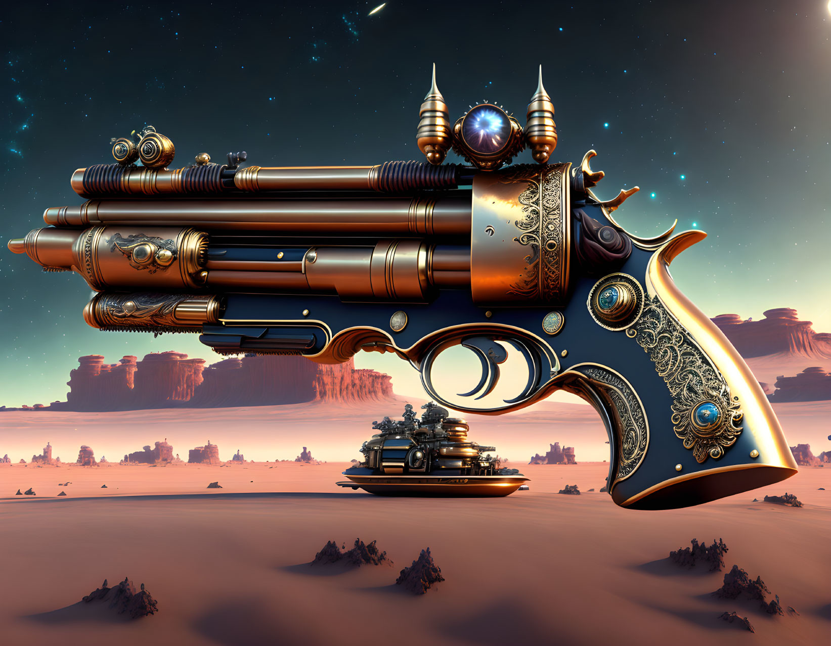 Intricate Steampunk-Style Gun in Desert Landscape