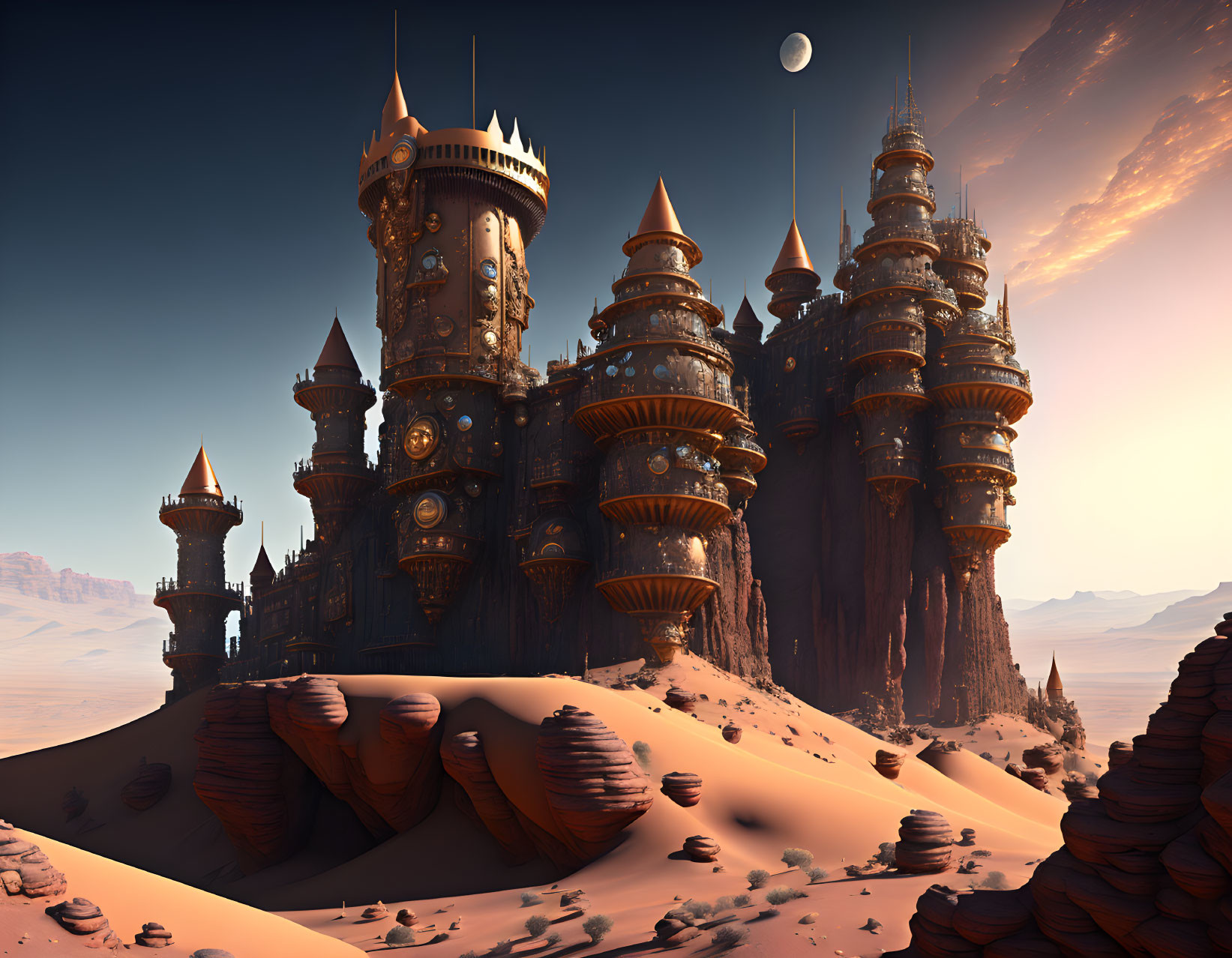 Fantastical desert landscape with towering castles and two moons.