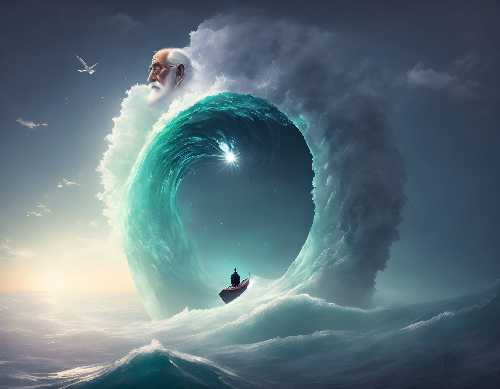 Surreal image of giant wave-shaped beard with boat, star, and bird