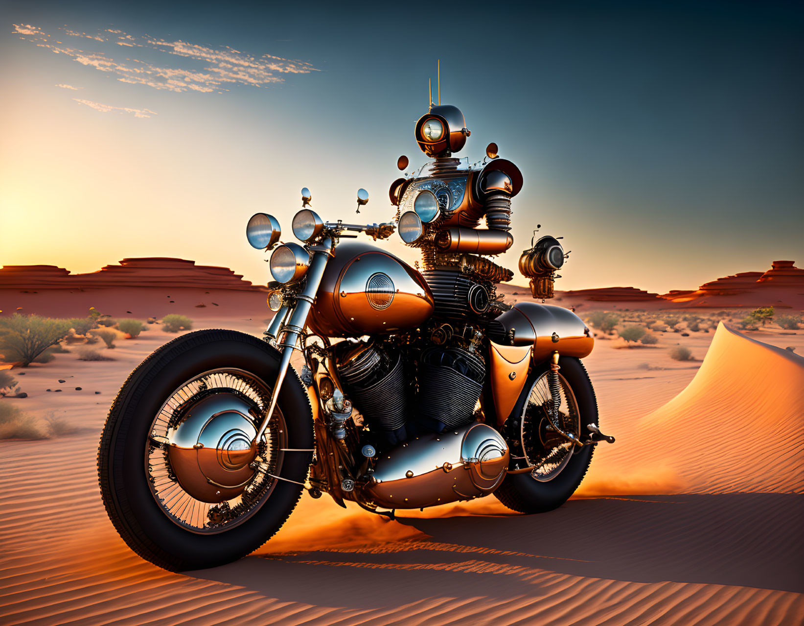 Futuristic metallic motorcycle on desert terrain at sunrise or sunset