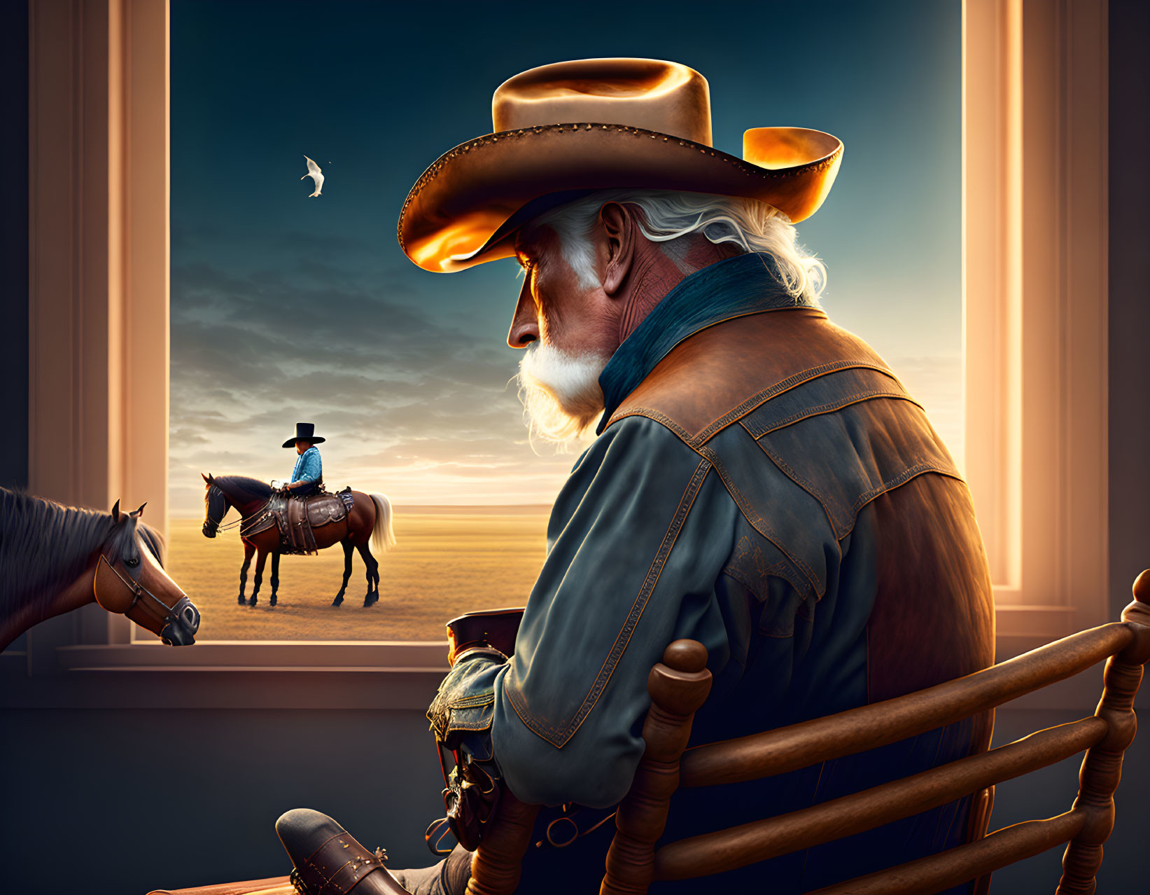 Elderly cowboy with white beard gazes at sunset landscape