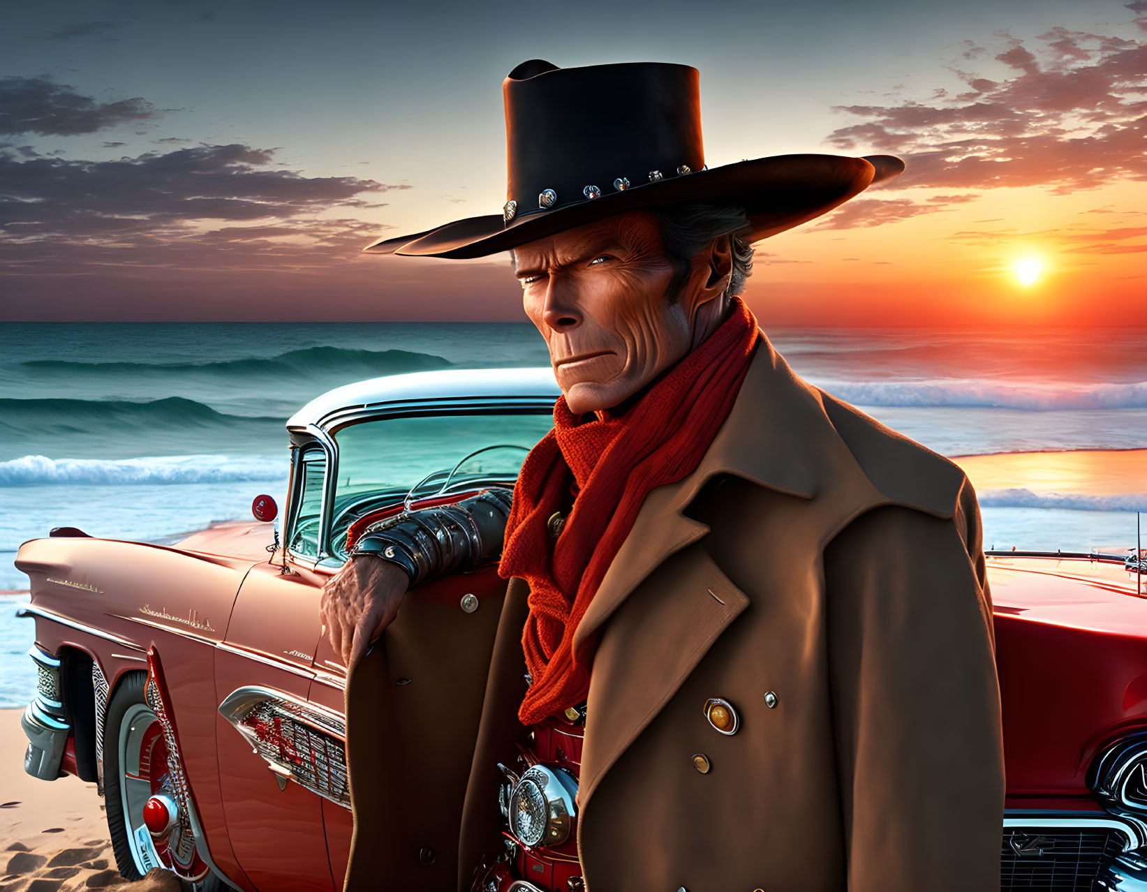 Cowboy hat man leans on classic car at beach sunset.