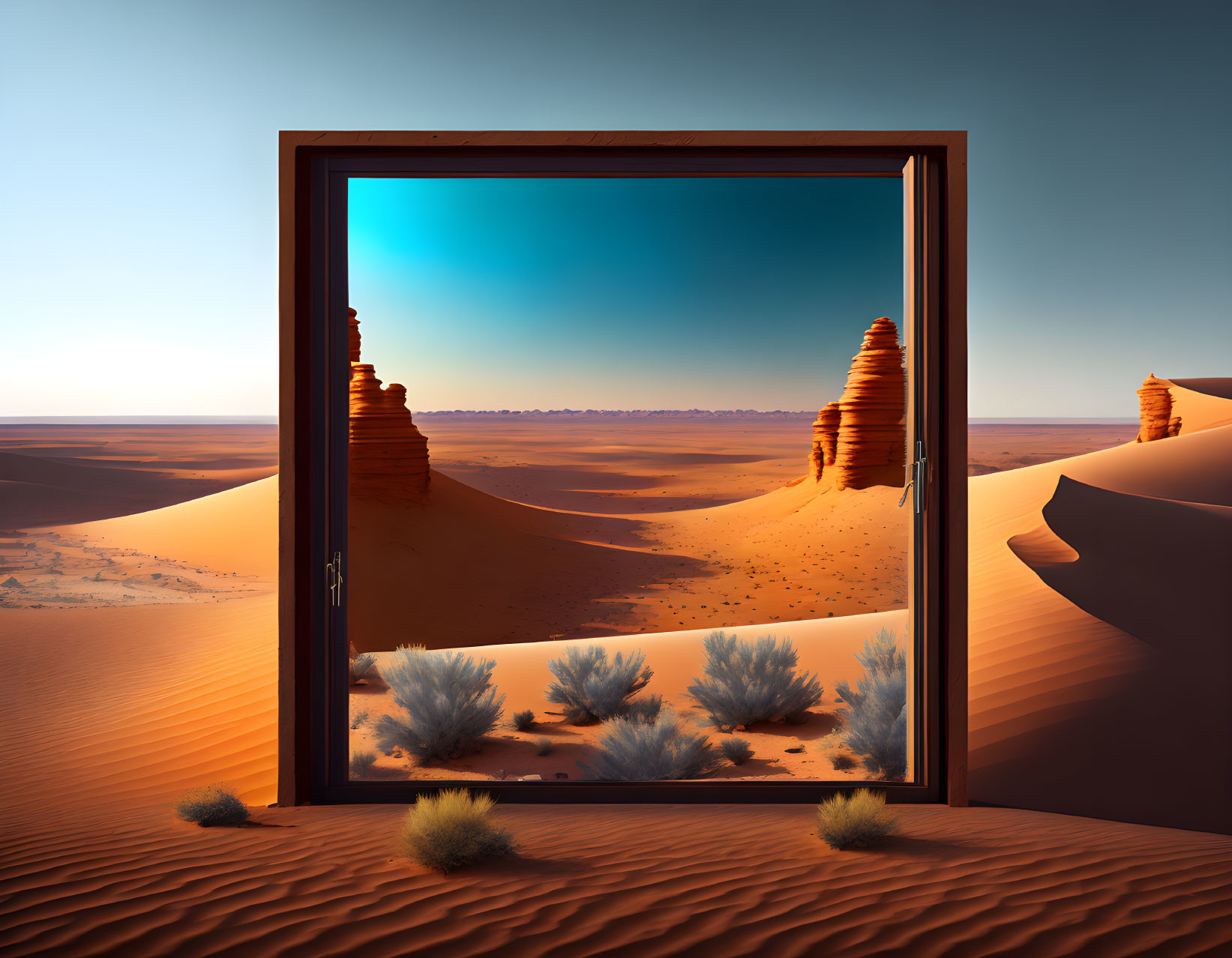 Desert door opening to serene dunes landscape