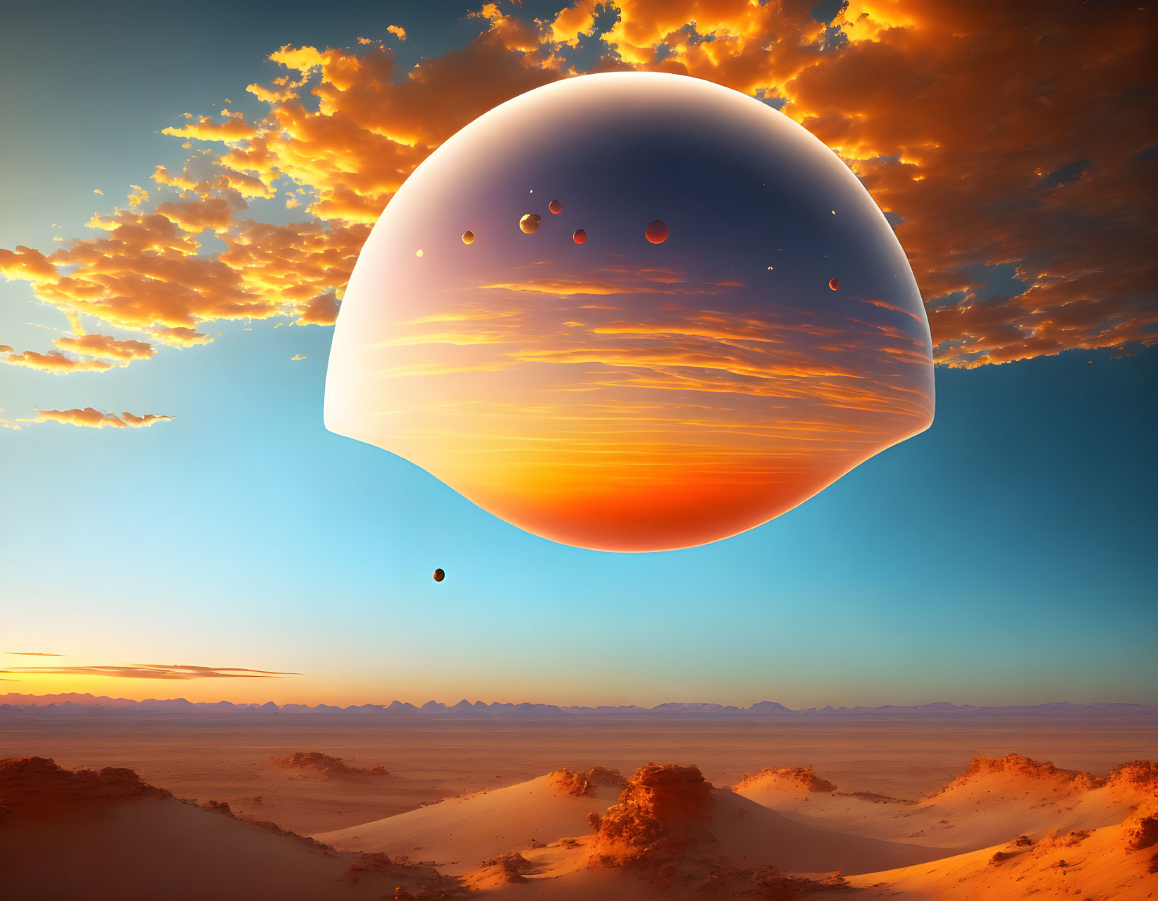 Surreal landscape with large bubble in orange sky above desert