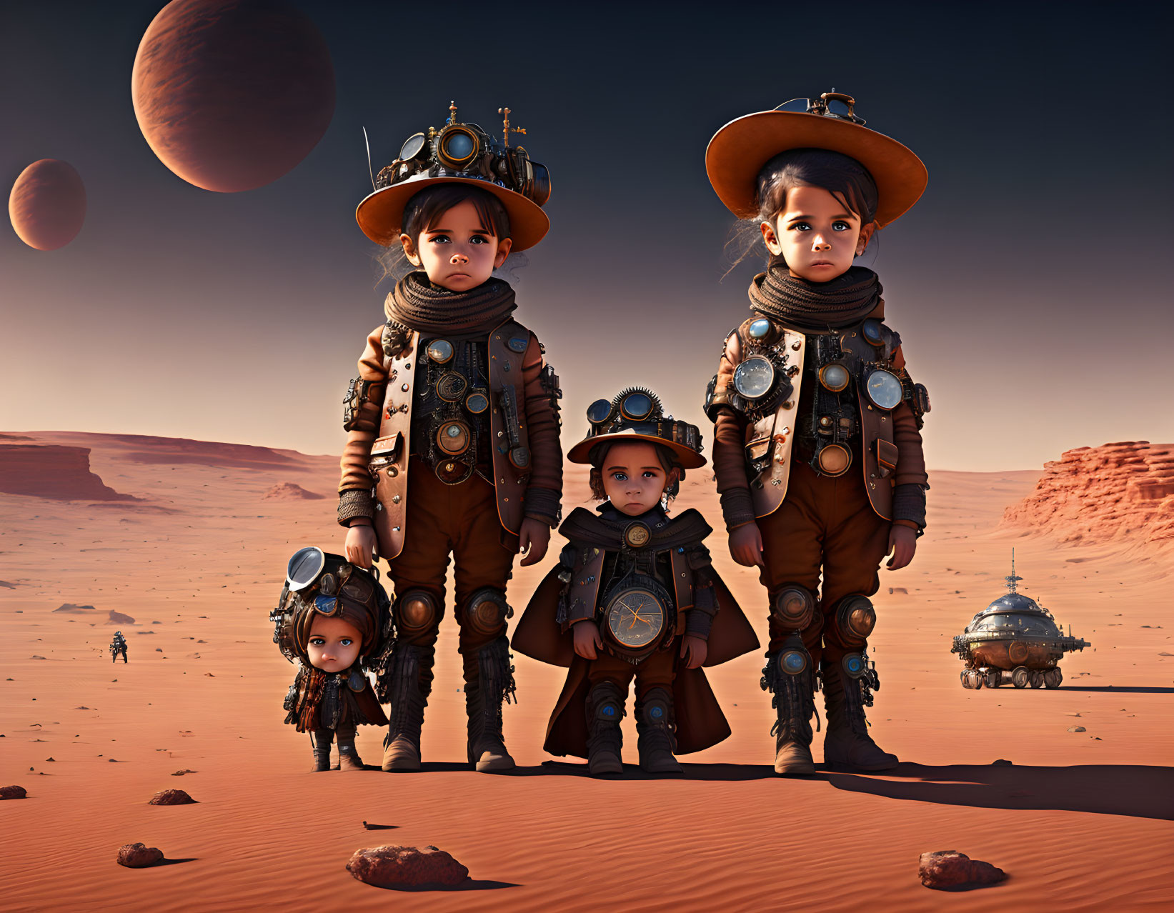 Steampunk-themed animation featuring four characters on an alien planet