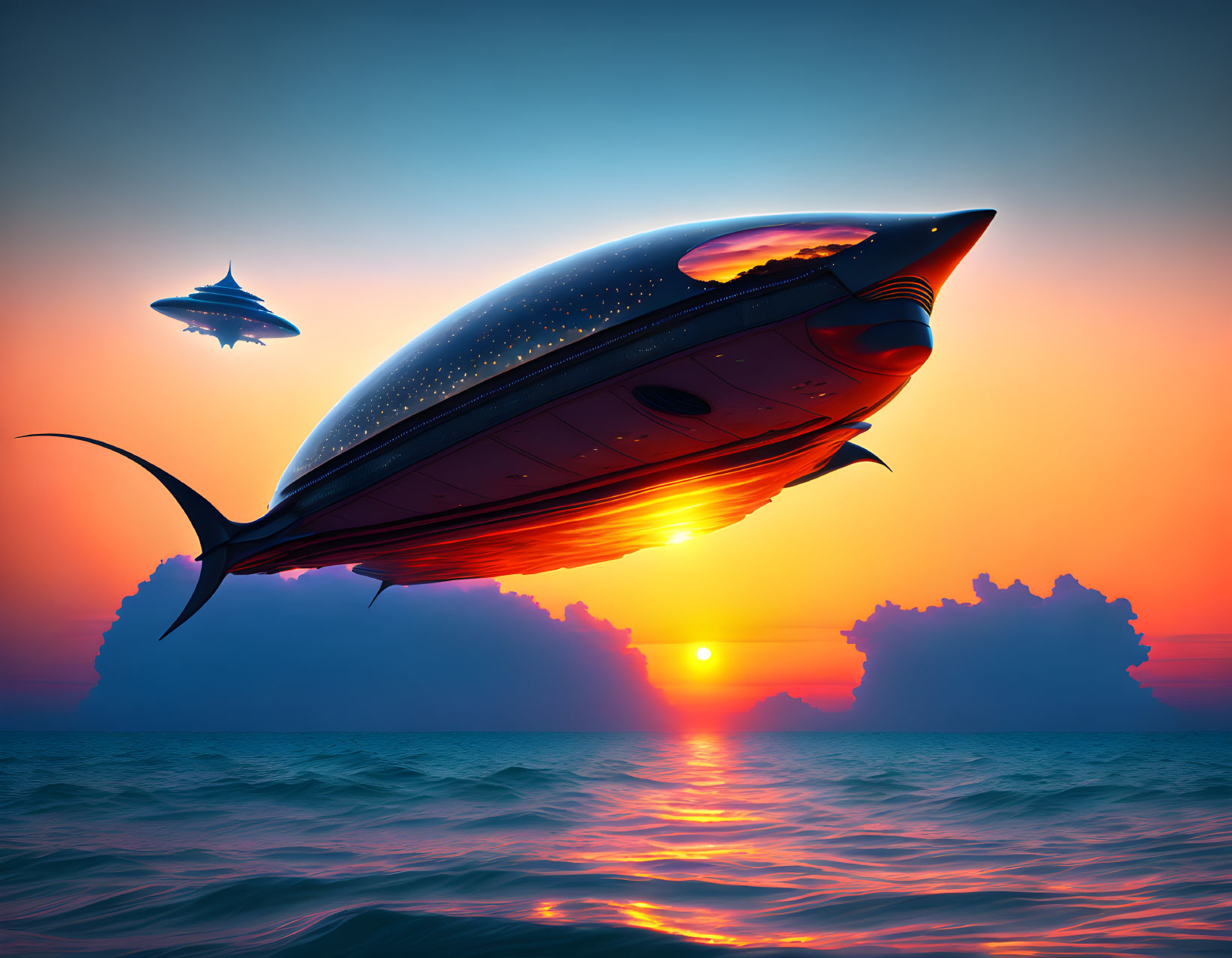 Futuristic whale-shaped airships over ocean at sunset