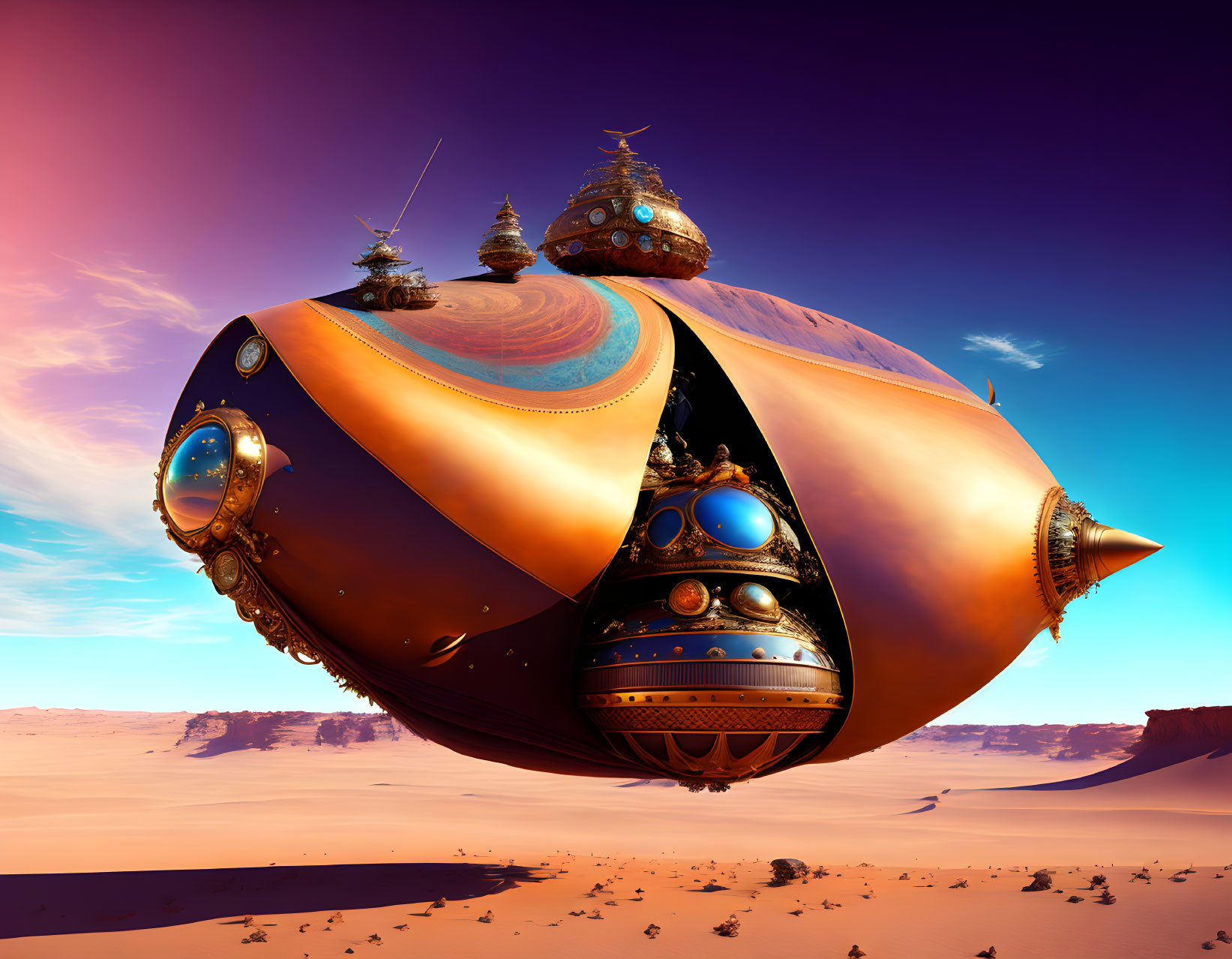 Ornate airship with metallic domes in desert landscape