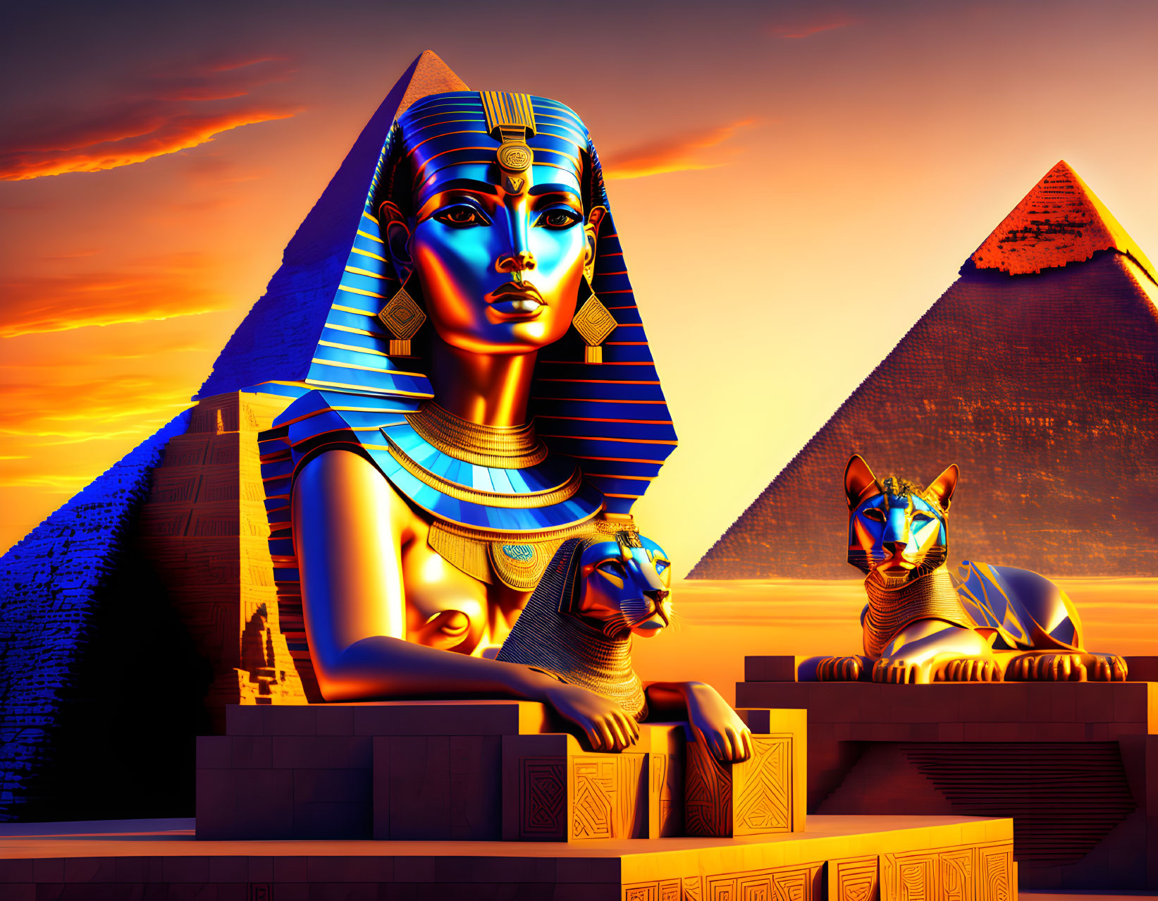 Digital artwork: Egyptian Sphinx, pyramids, pharaoh statue under sunset.