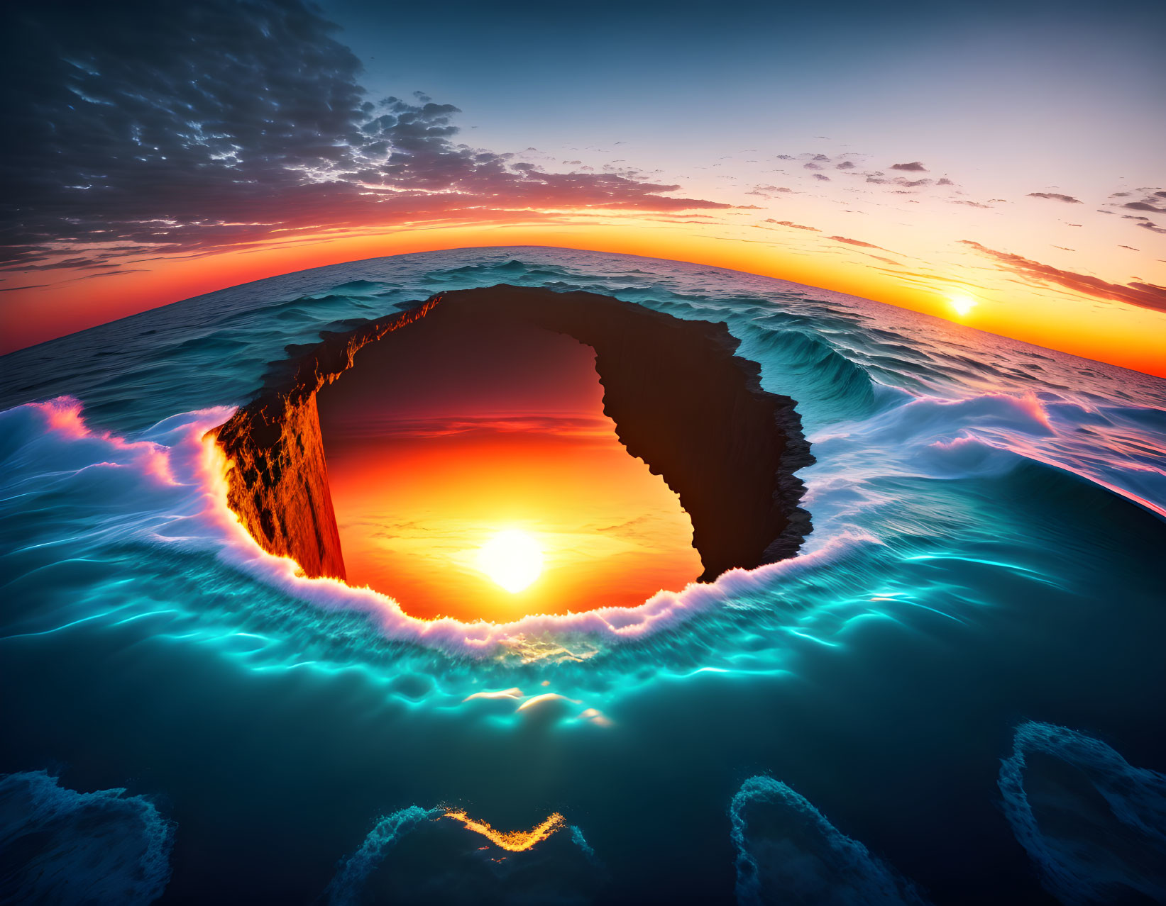 Vibrant circular ocean wave framing a colorful sunset and bioluminescent edges.