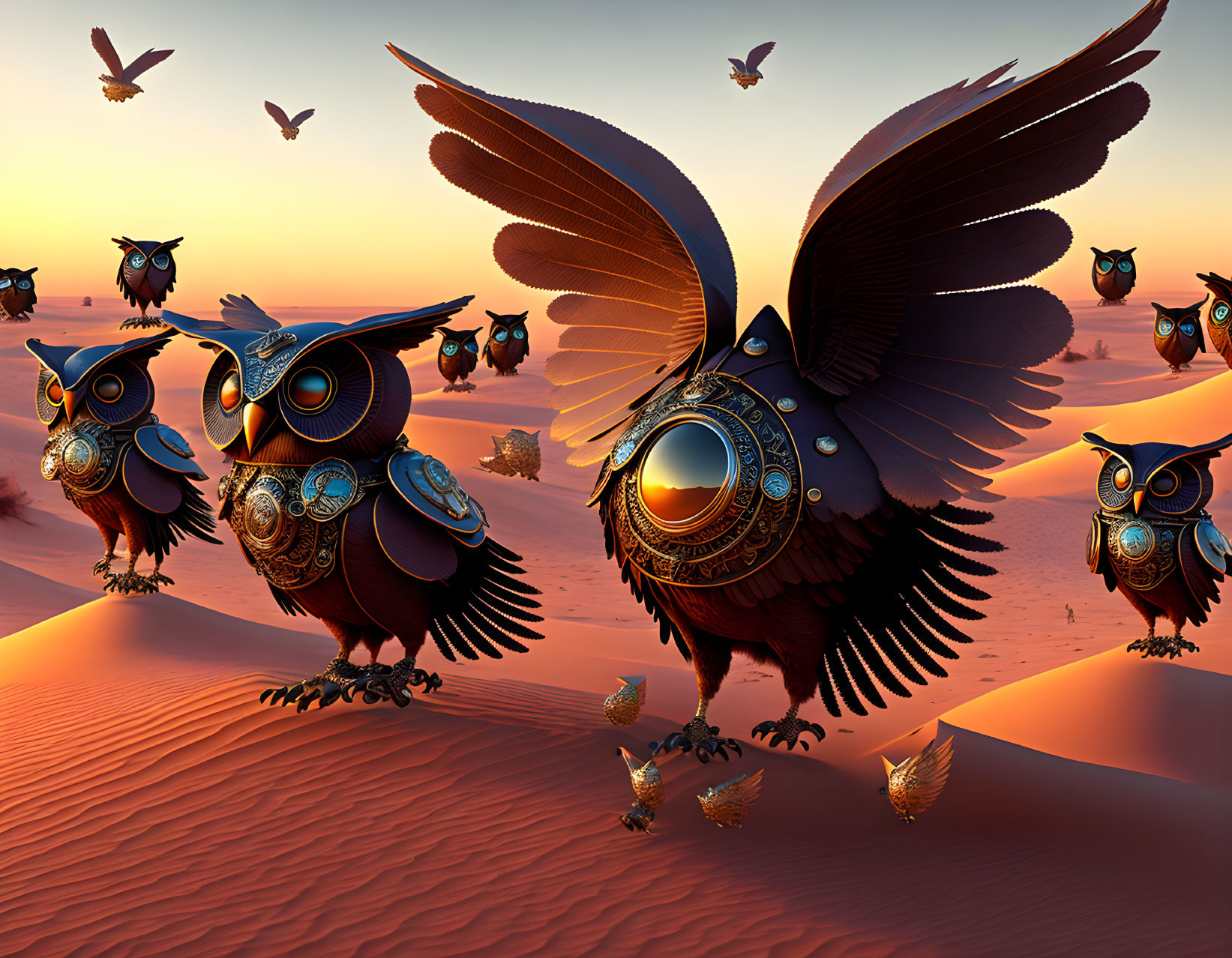 Digital Art: Mechanical Owls in Clockwork Design Flying Over Desert Dune at Sunrise/Sunset