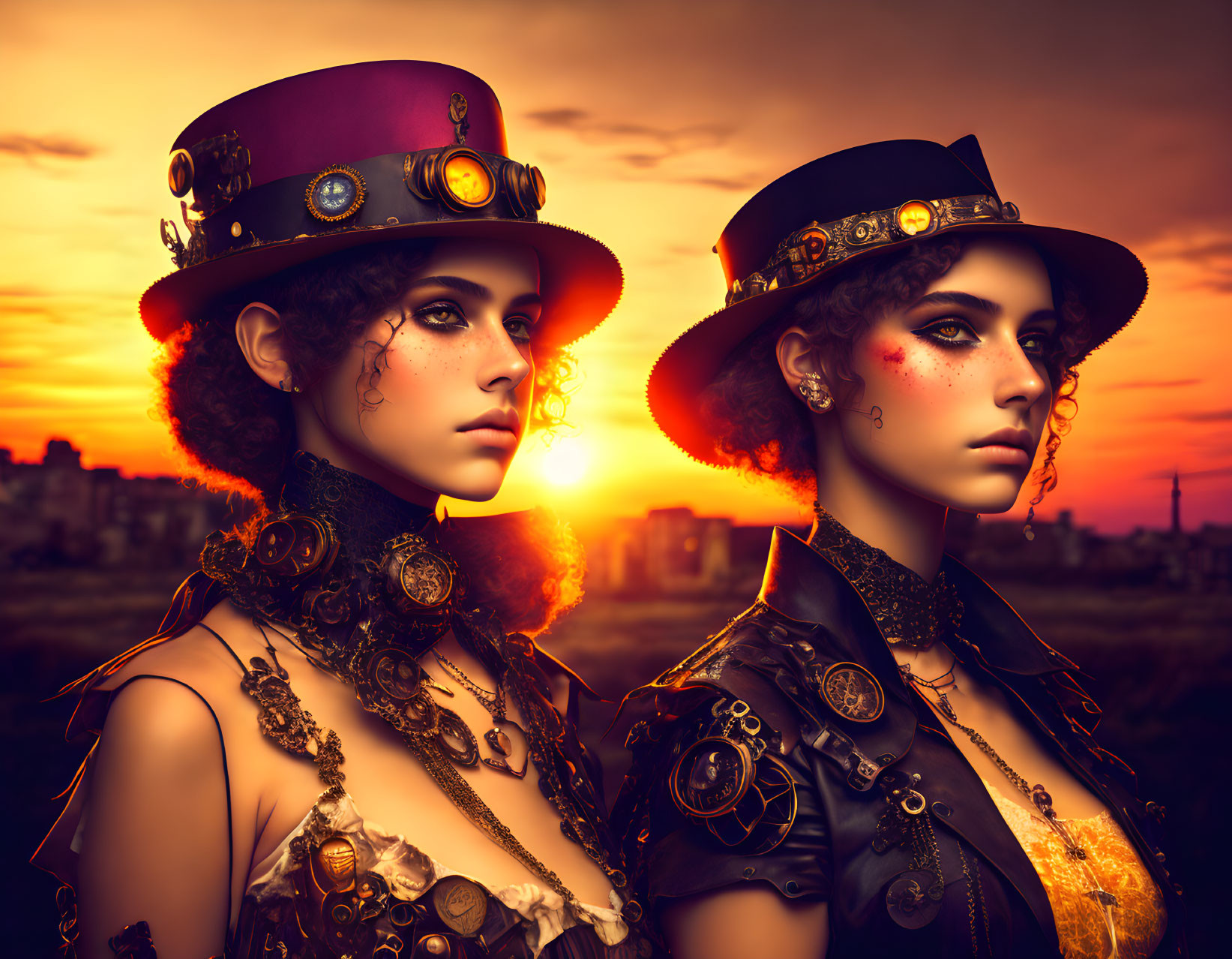 Two women in steampunk attire with top hats and goggles at sunset