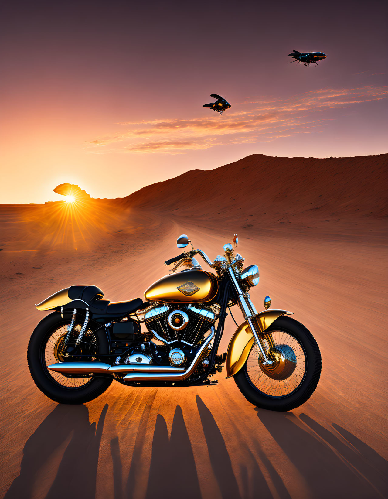 Golden Motorcycle on Desert Dune at Sunset with Birds and Shining Sun