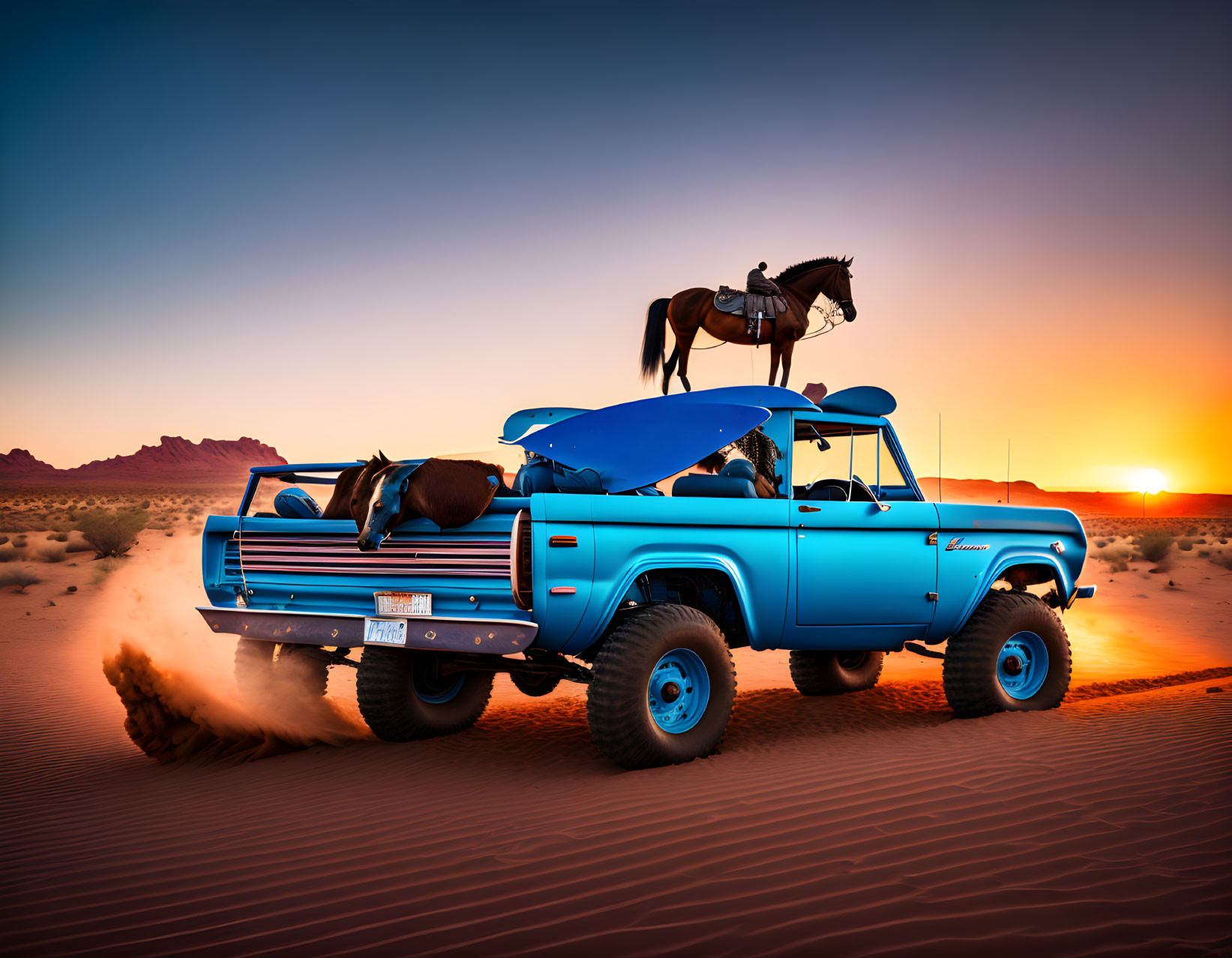 Vintage blue pickup truck and cowboy on horse in desert sunset scene