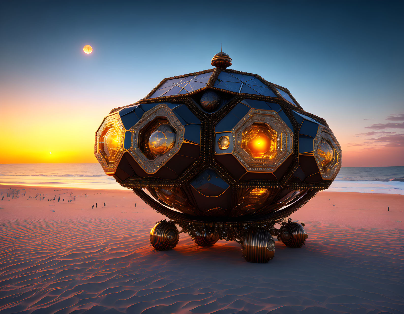 Spherical futuristic vehicle on beach at sunset with glowing lights and geometric patterns