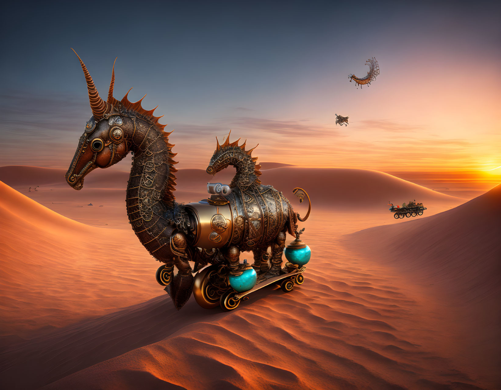 Mechanical seahorse carriage with gears in desert sunset scene