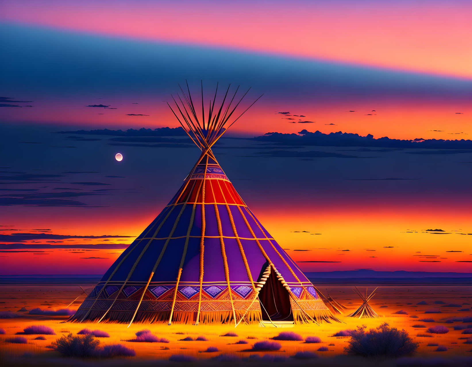 Colorful desert sunset with teepees under moonlit sky