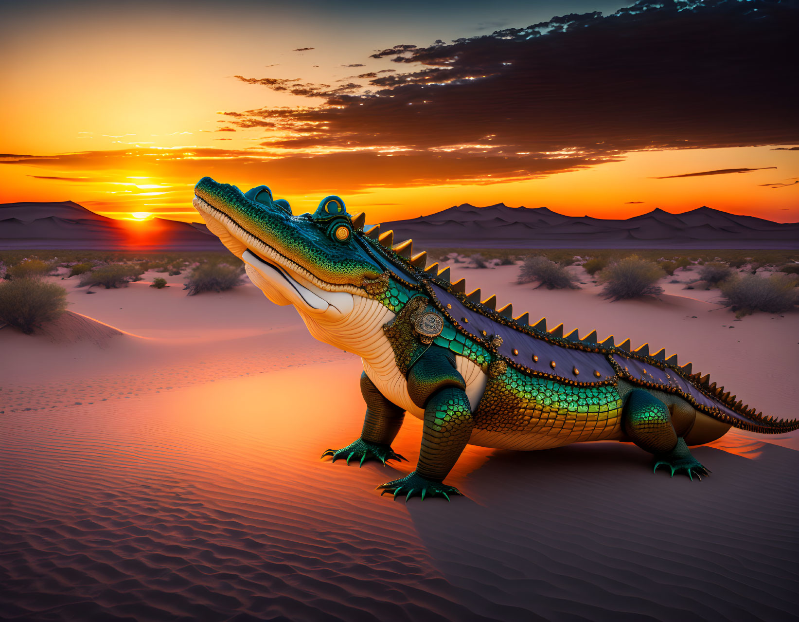 Mechanical crocodile with intricate designs in vibrant sunset desert landscape