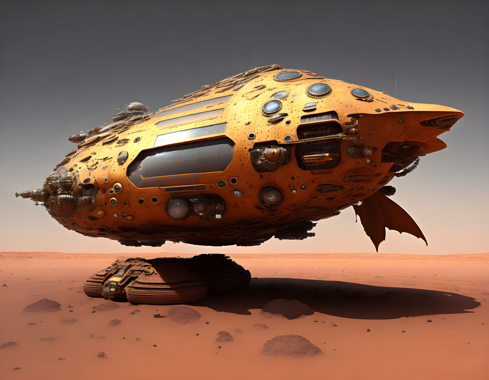 Detailed futuristic spaceship lands on dusty red Martian surface