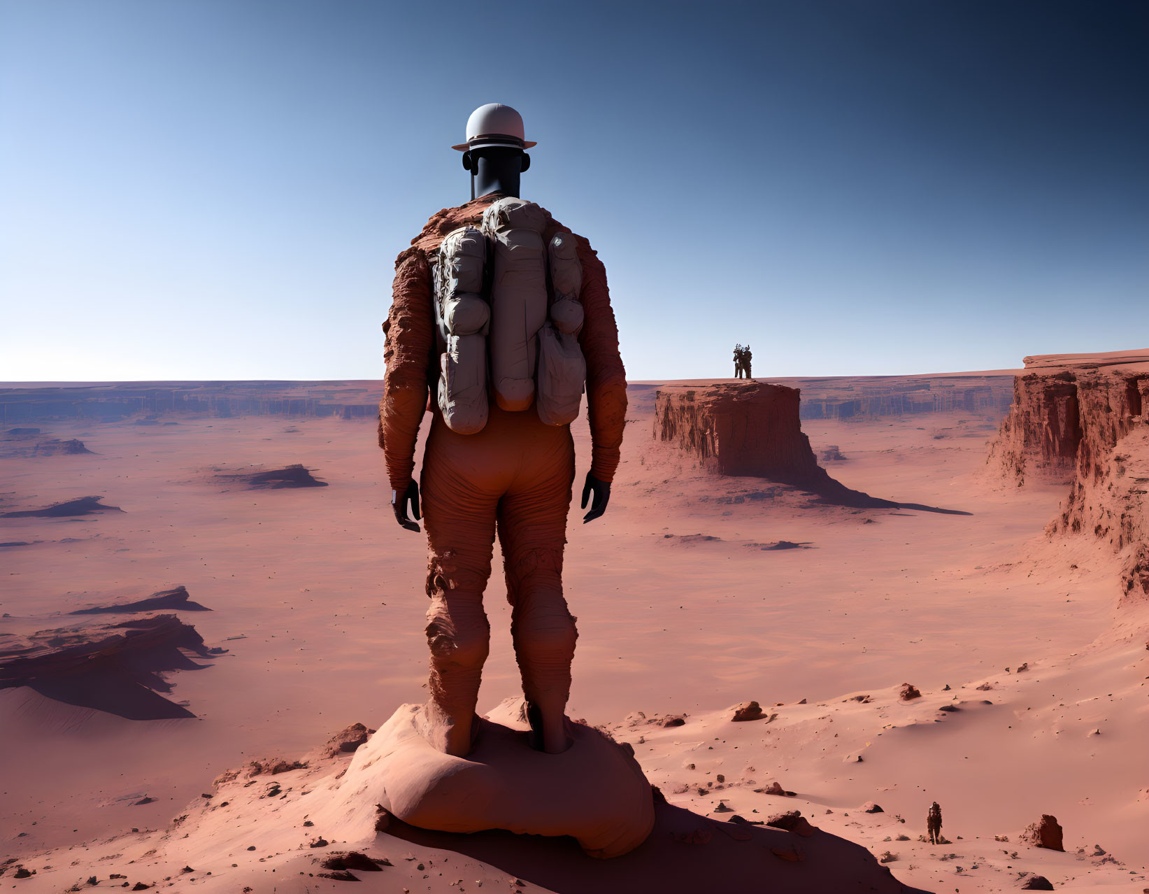 Astronaut on Mars-like terrain with distant person on cliff.