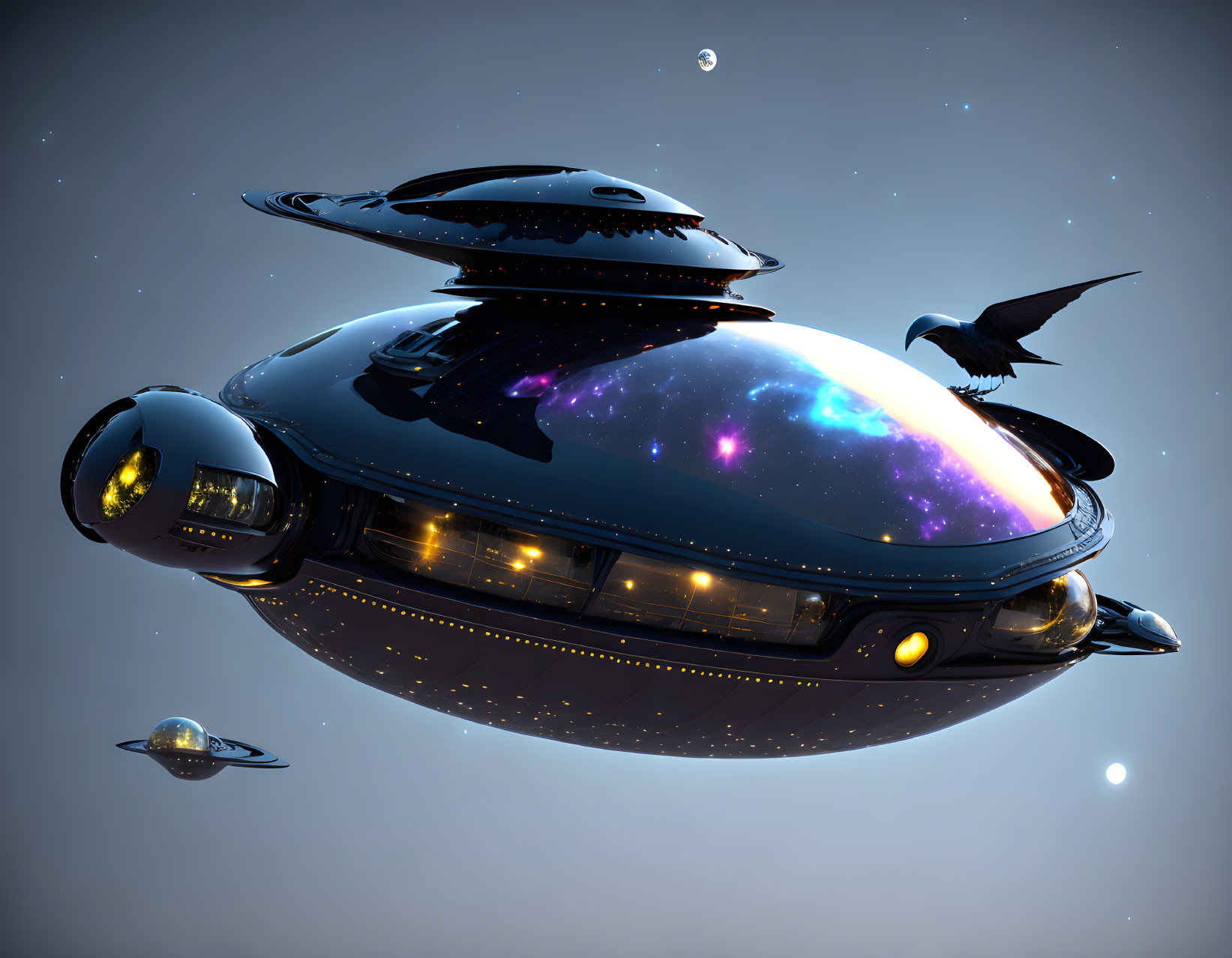 Reflective futuristic spacecraft with stars and nebulae, small companion ship, and bird in twilight sky