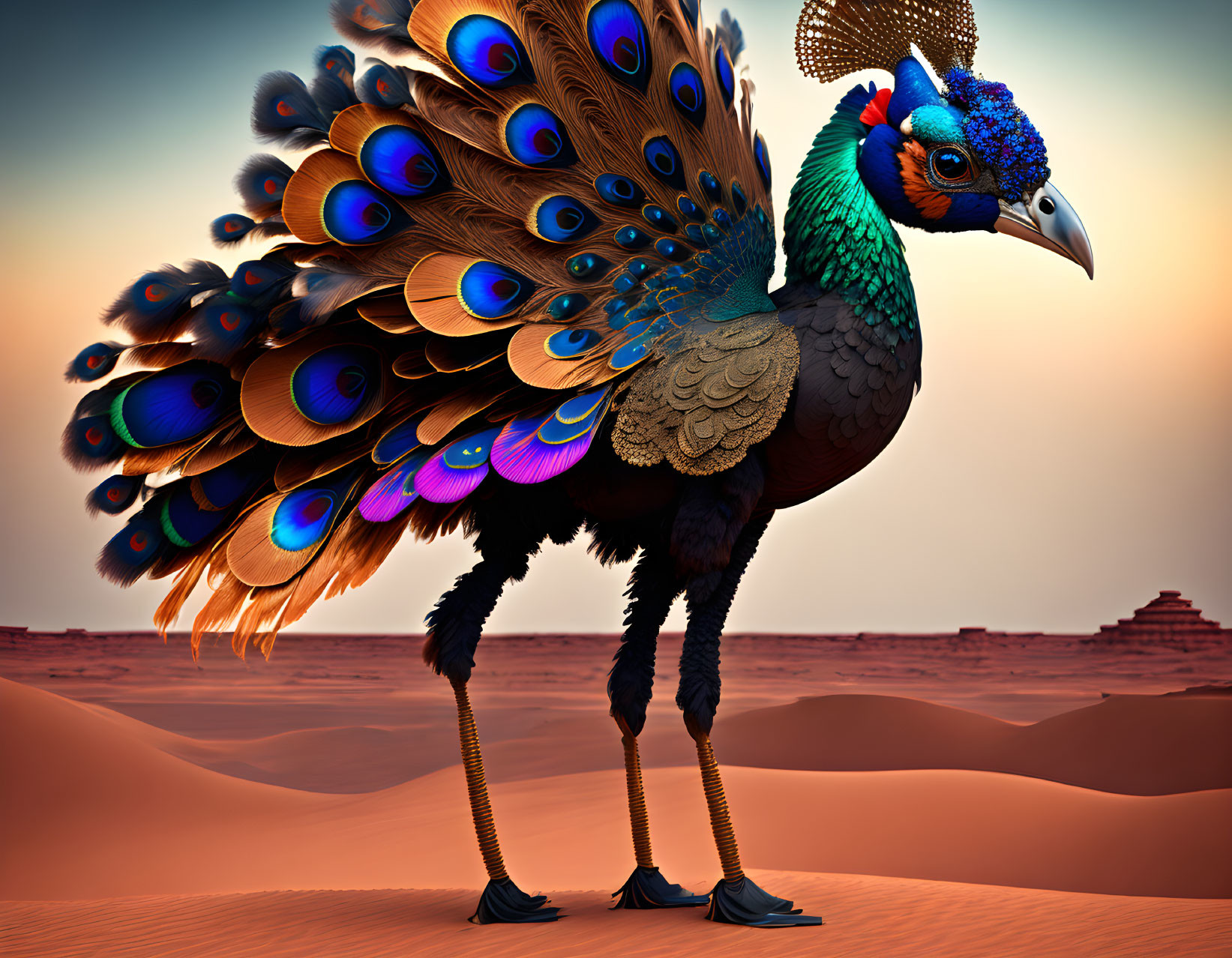 Colorful peacock displays vibrant feathers in desert landscape with sand dunes and pyramid.