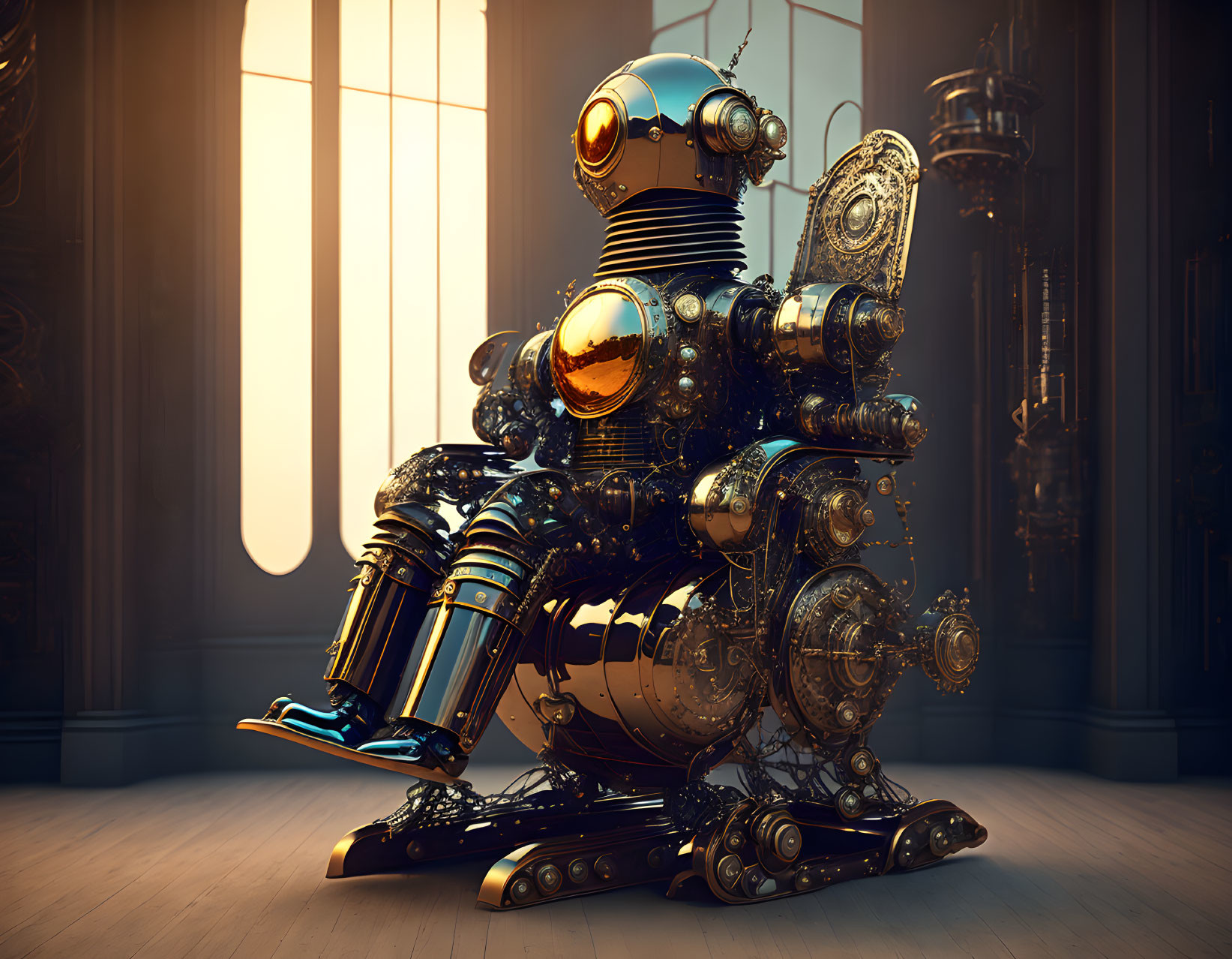 Steampunk-style robot with intricate gears in regal pose under warm sunlight