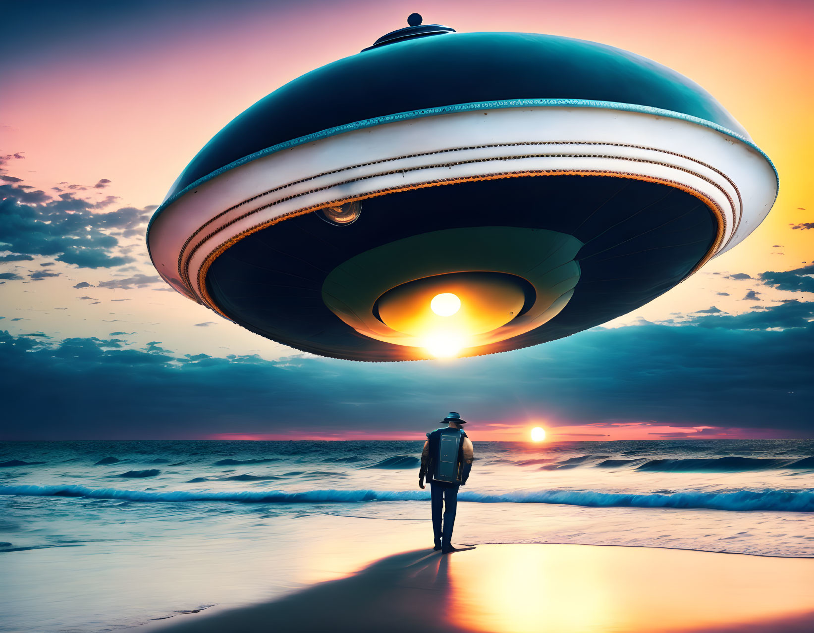 Person on Beach Watching Futuristic Hovering Craft at Sunset