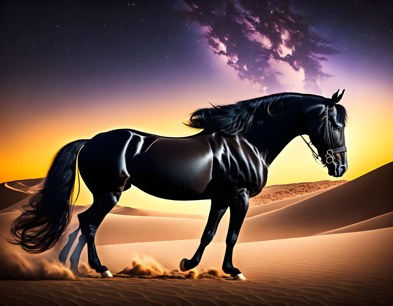 Majestic black horse galloping in desert twilight