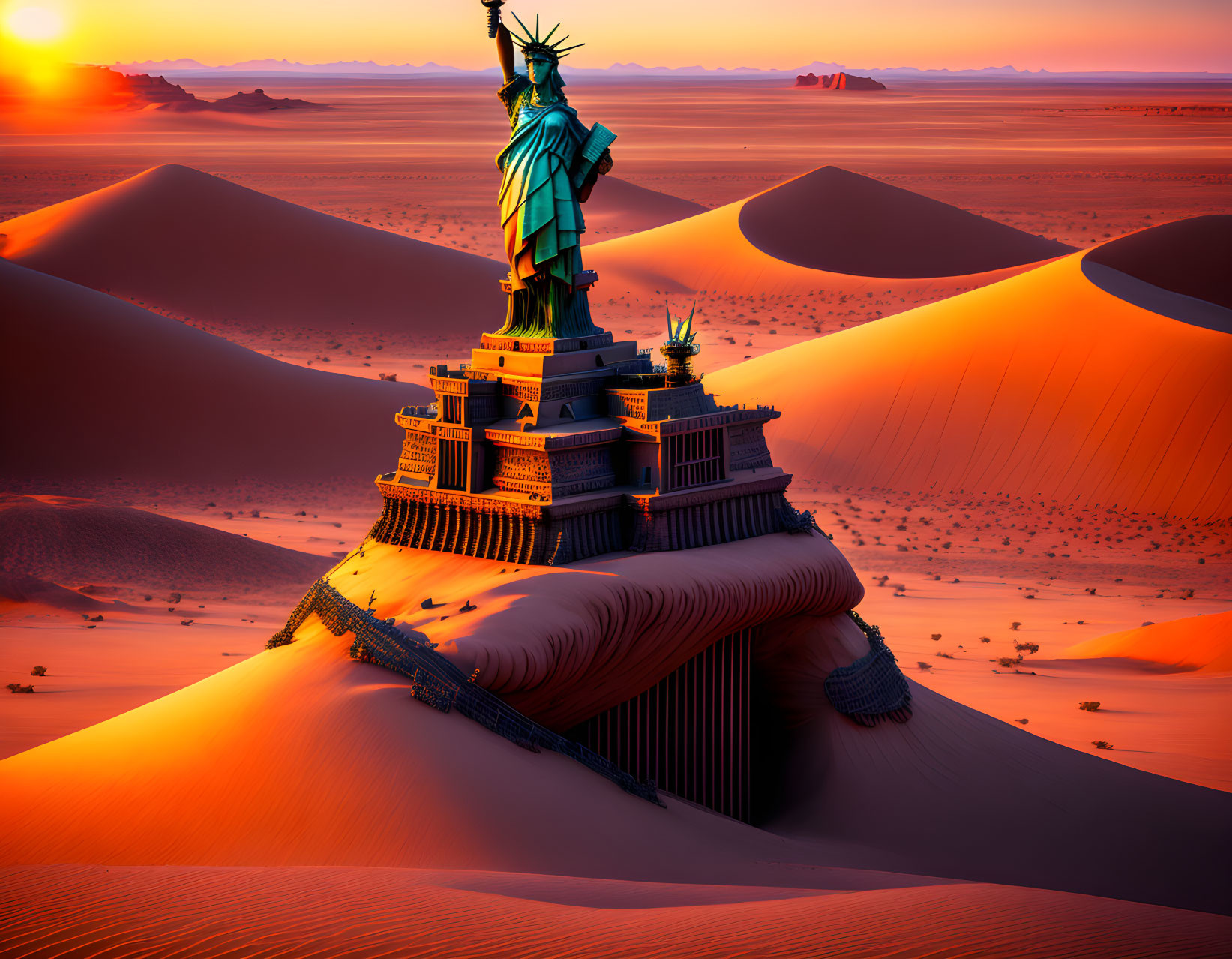 Statue of Liberty in sand dunes at sunset landscape