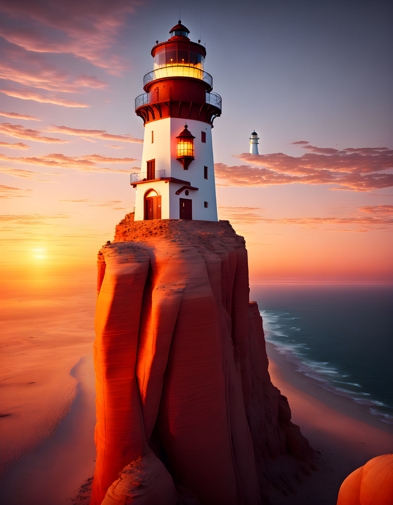 Lighthouse on Narrow Rock Formation at Sunset