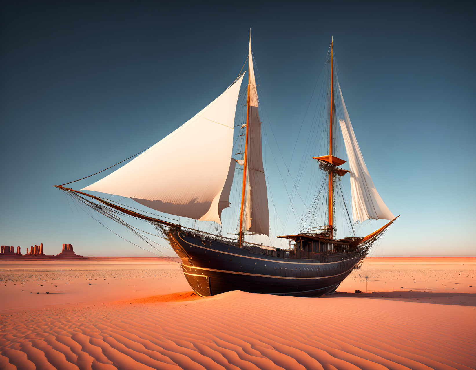 Classic sailing ship marooned in vast desert under clear blue sky