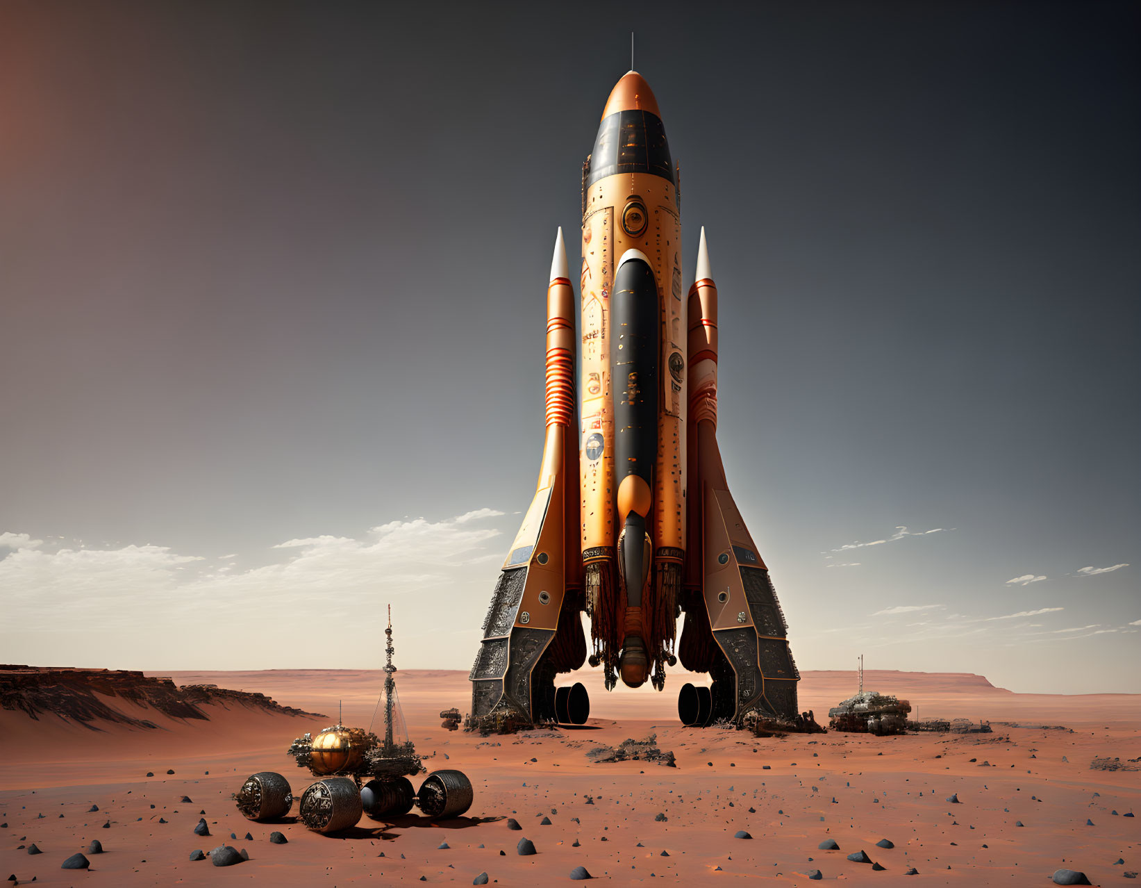 Futuristic rocket on Mars-like landscape with exploratory rovers