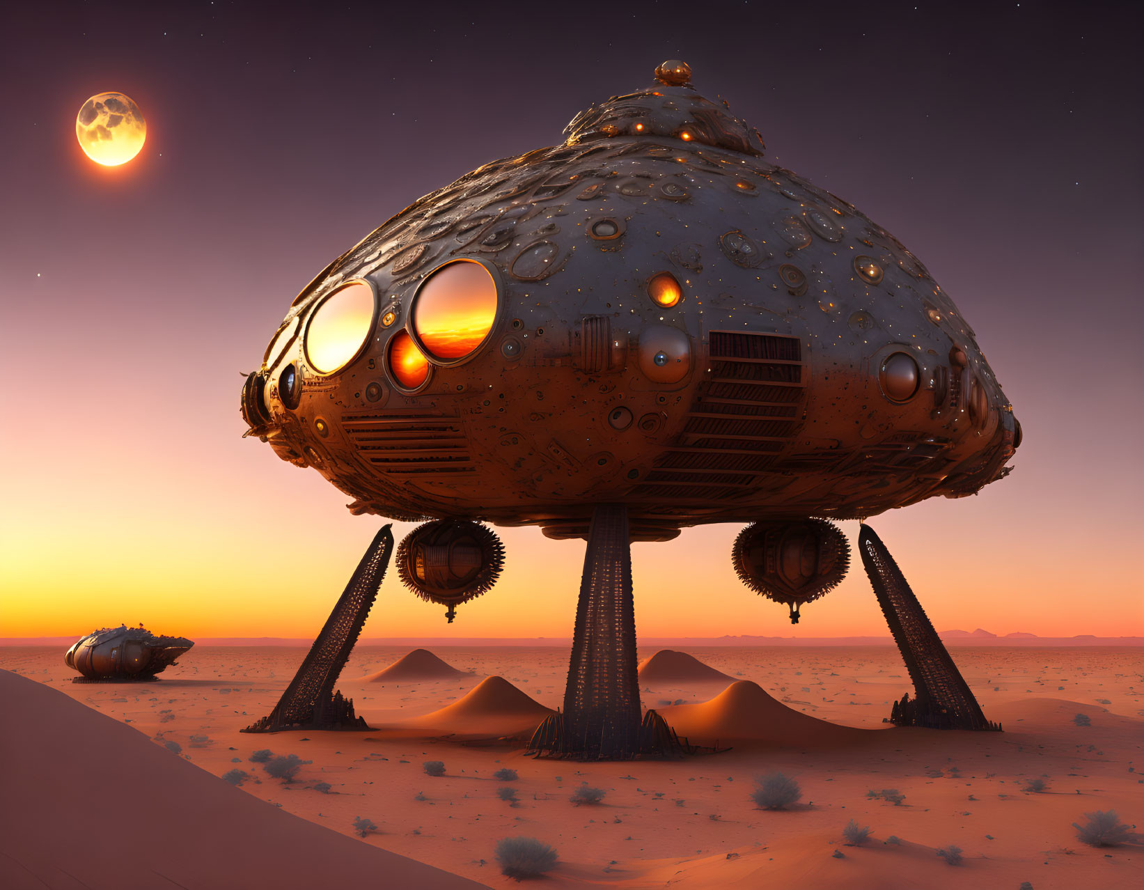 Futuristic spacecraft with legs on desert at sunset, second ship & large moon in sky