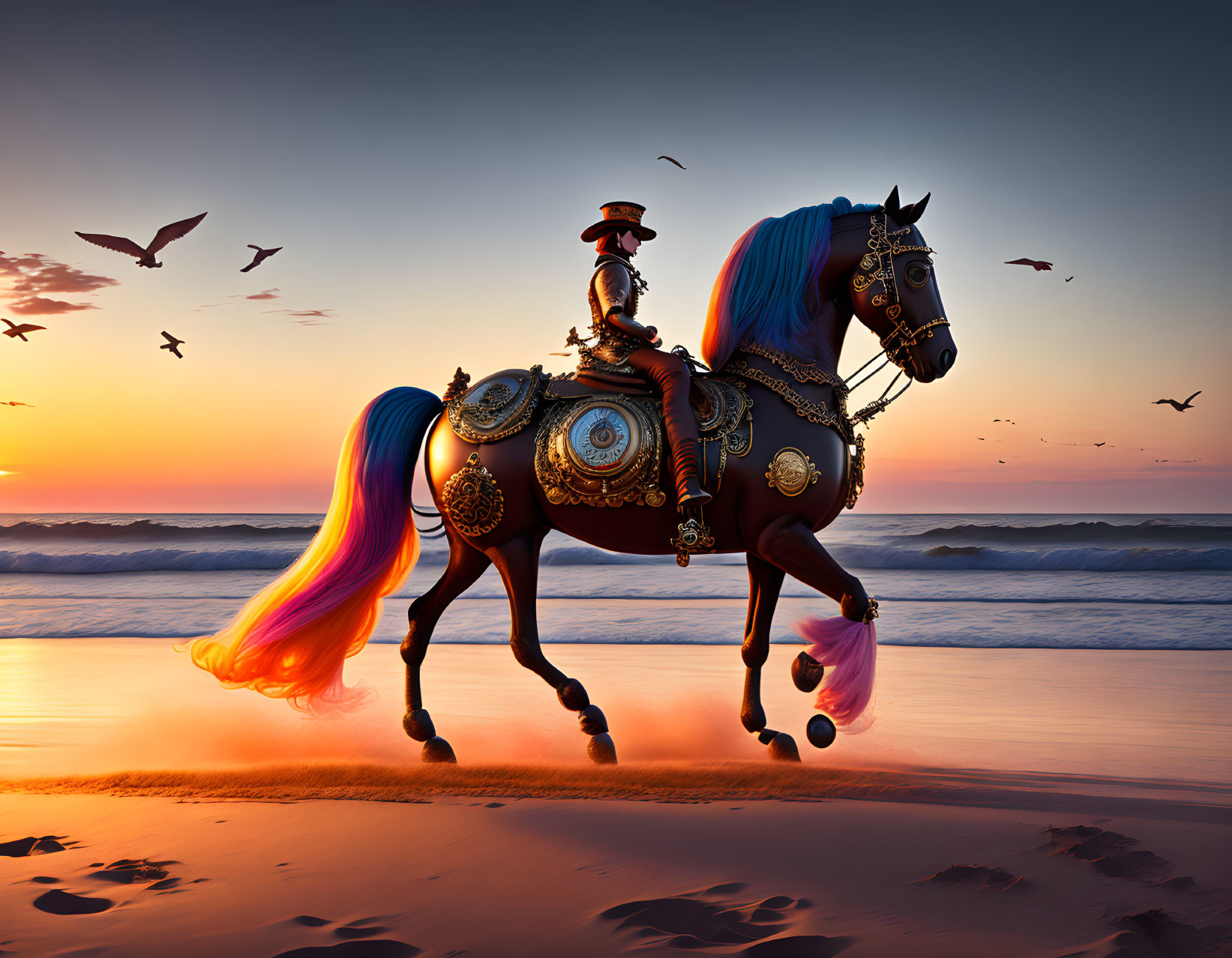 Vintage attire person rides colorful horse on beach at sunset