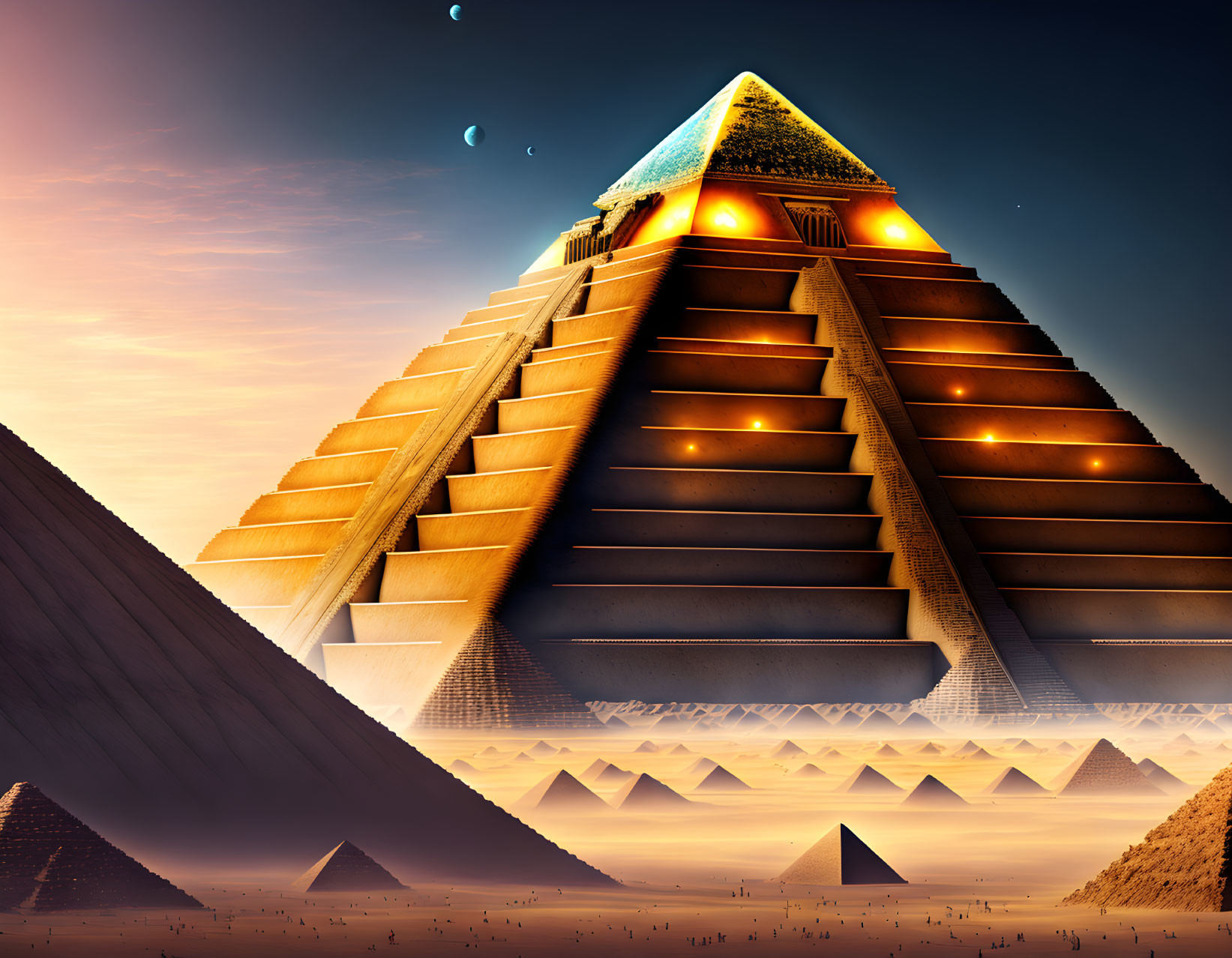 Illuminated pyramids in a desert at night with glowing capstone