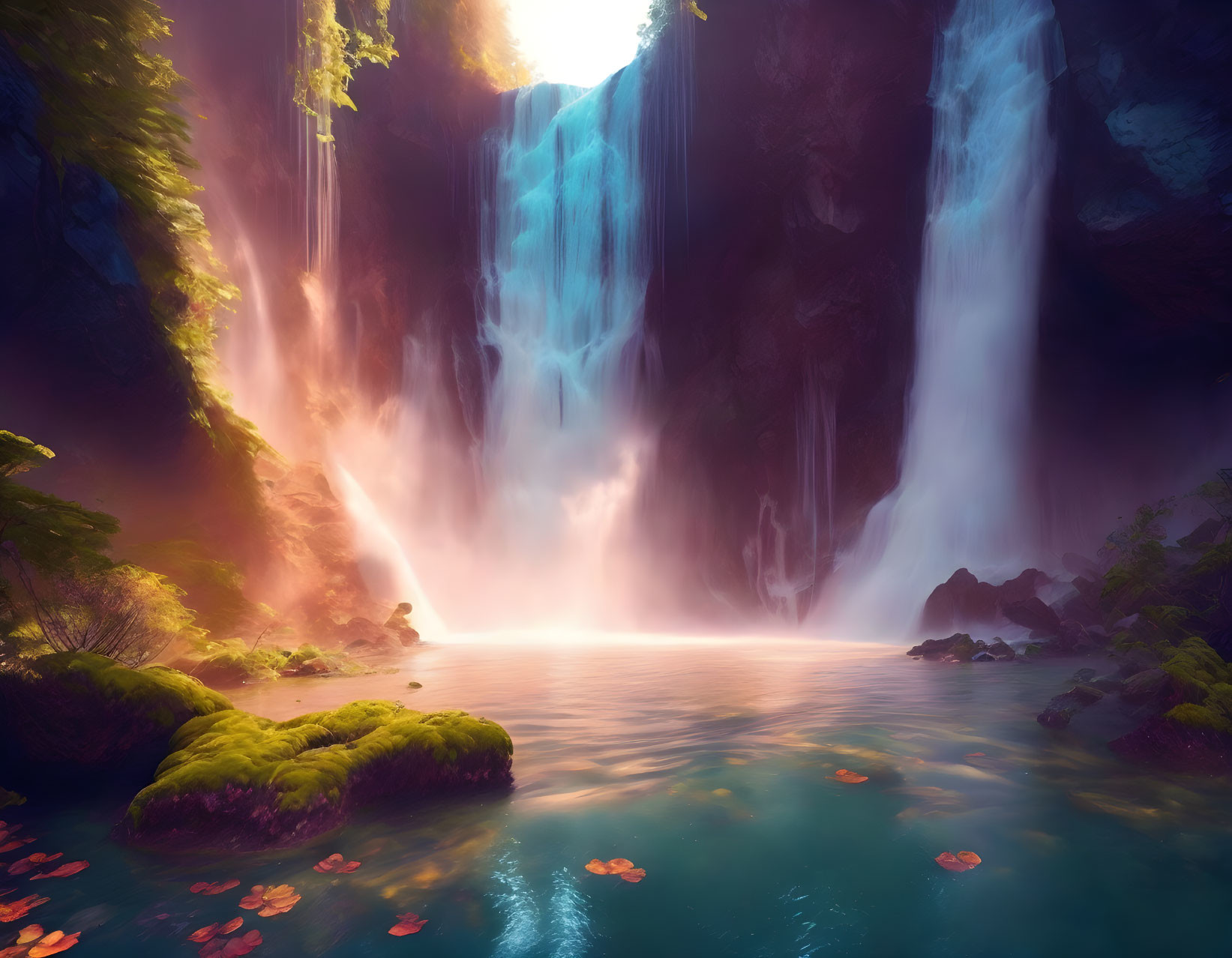 Scenic waterfall with mist, cliffs, tranquil water, and autumn leaves