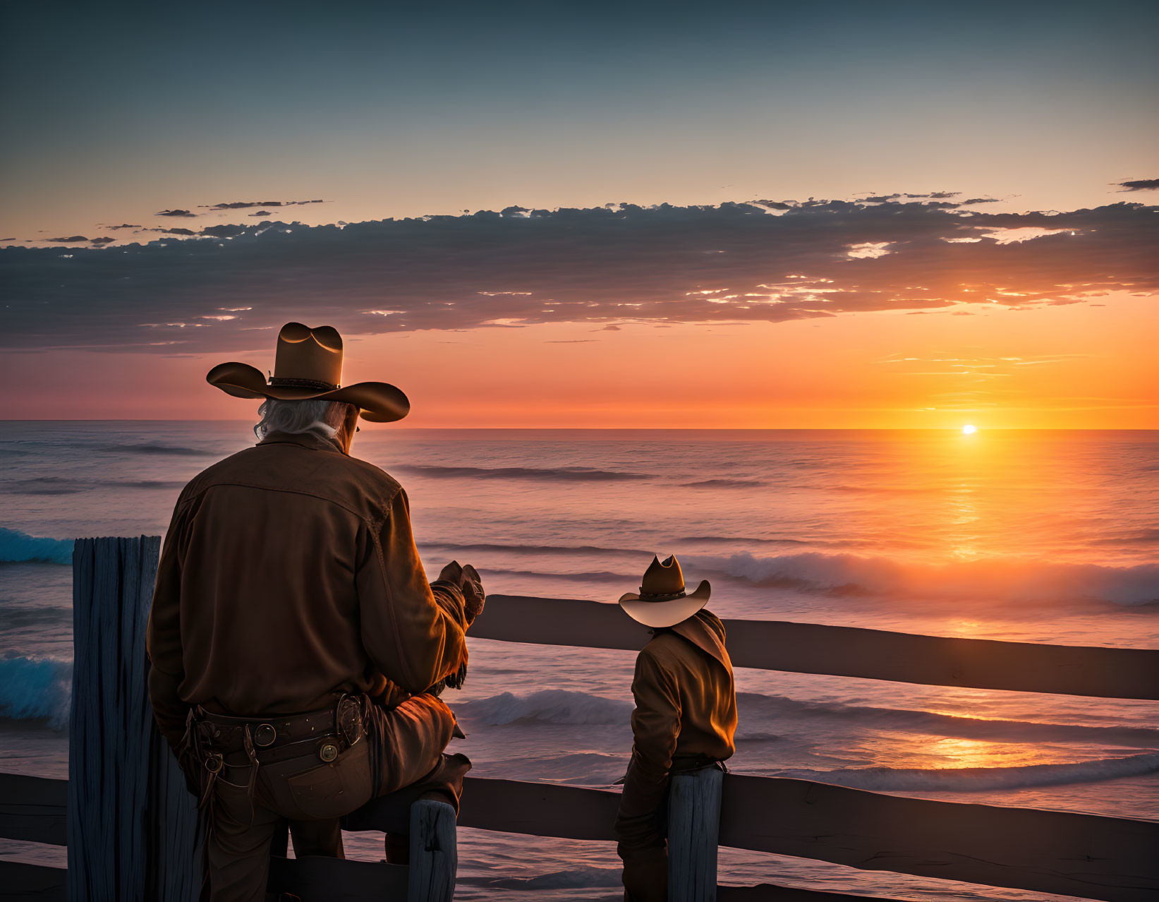 Adult and child in cowboy hats admire sunset over ocean on wooden fence.