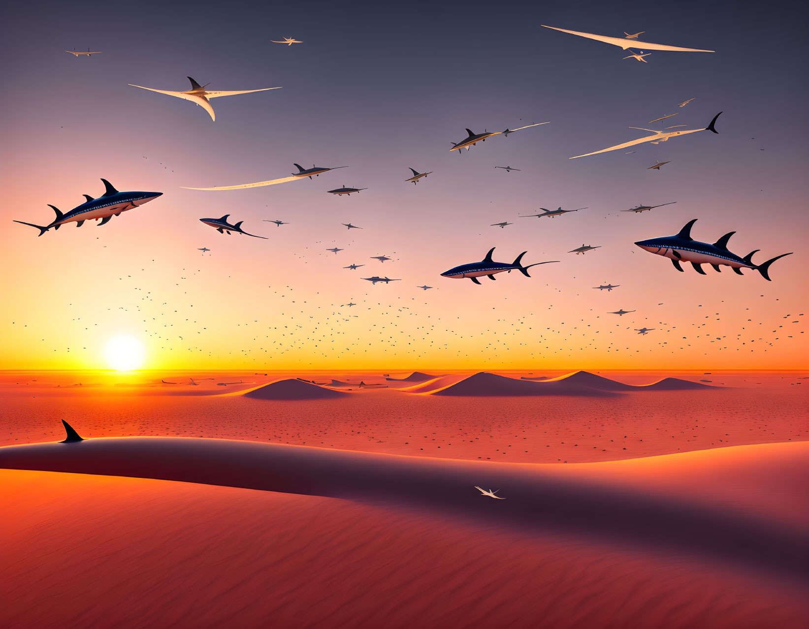 Surreal sunset scene: sharks 'flying' above desert dunes