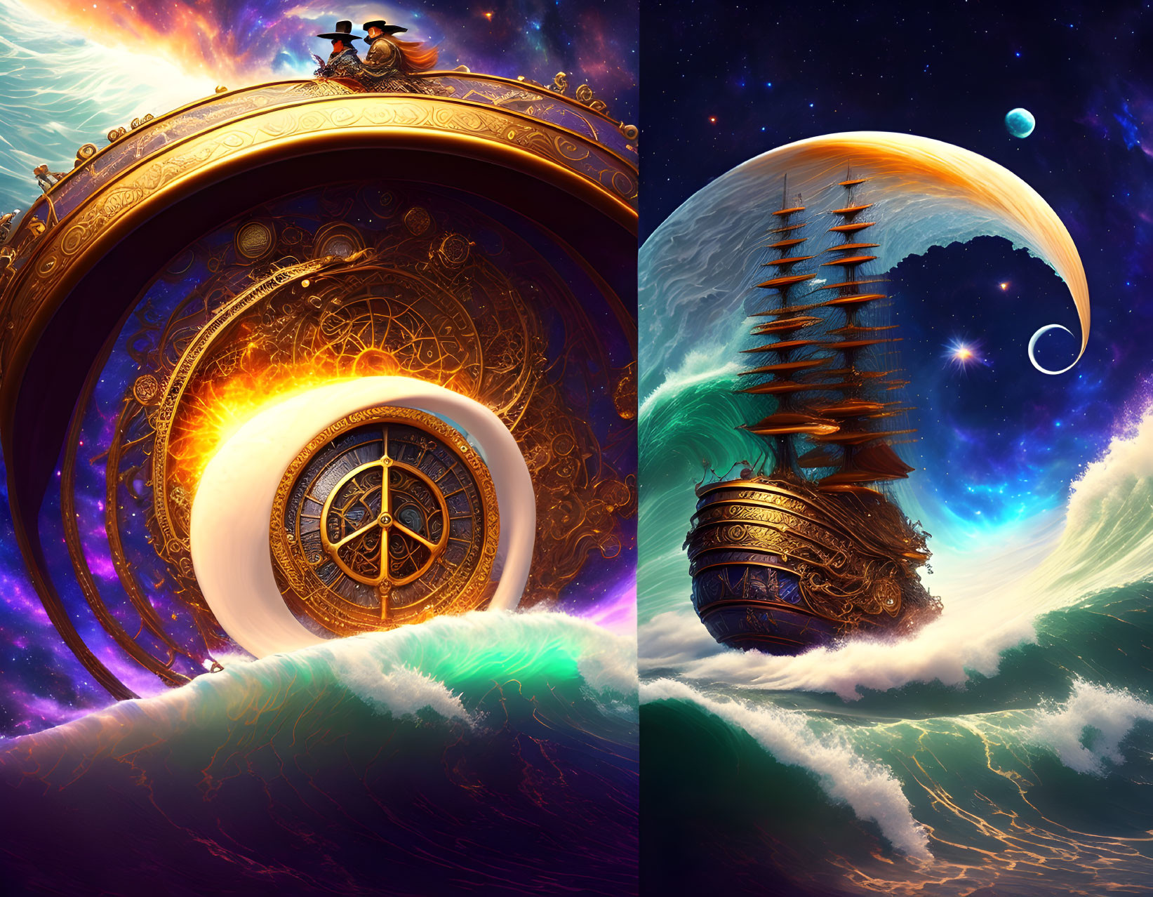 Fantastical diptych of celestial wheel and cosmic ship on vibrant space backdrop