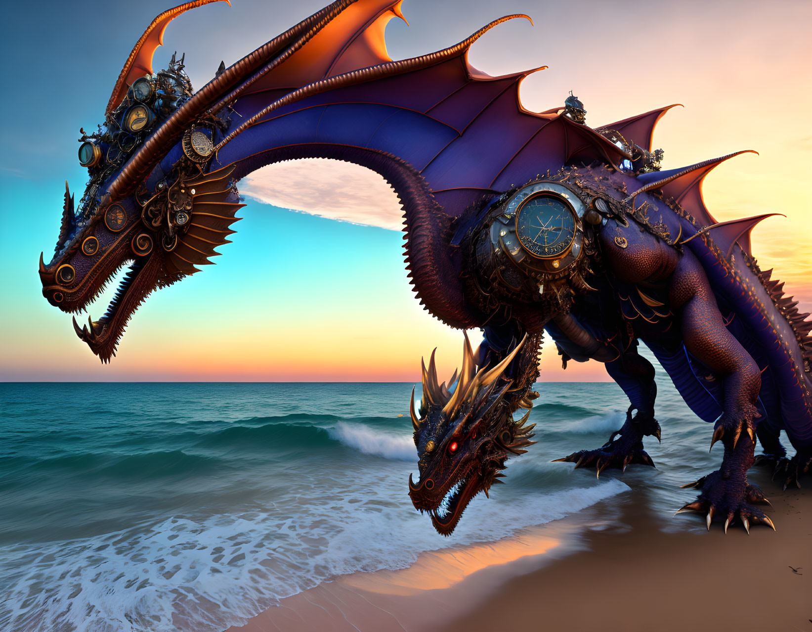 Mechanical dragon with gears on beach at sunset